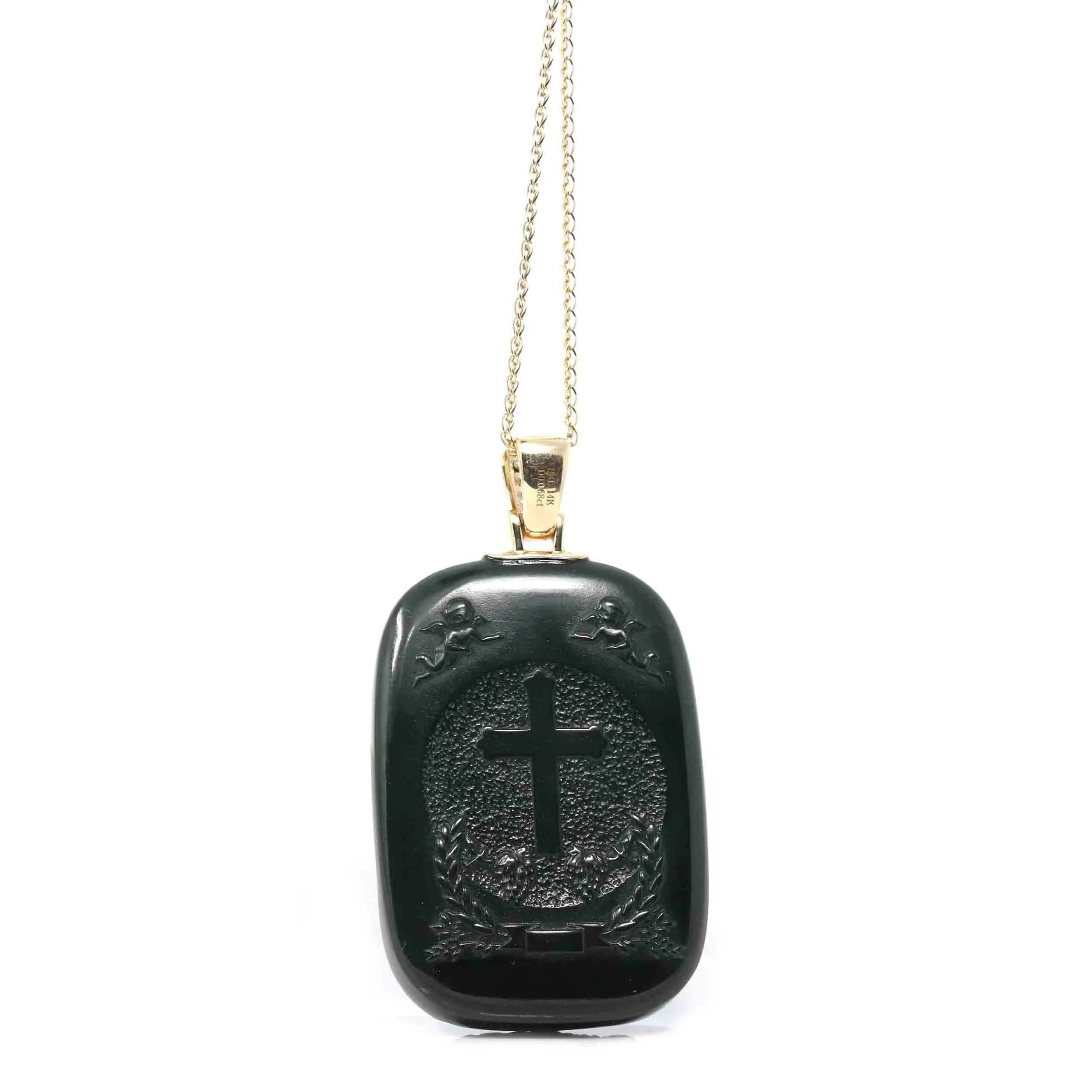 Baikalla™ 14K Yellow Gold Genuine Nephrite Black Jade " Jesus " Pendant Necklace