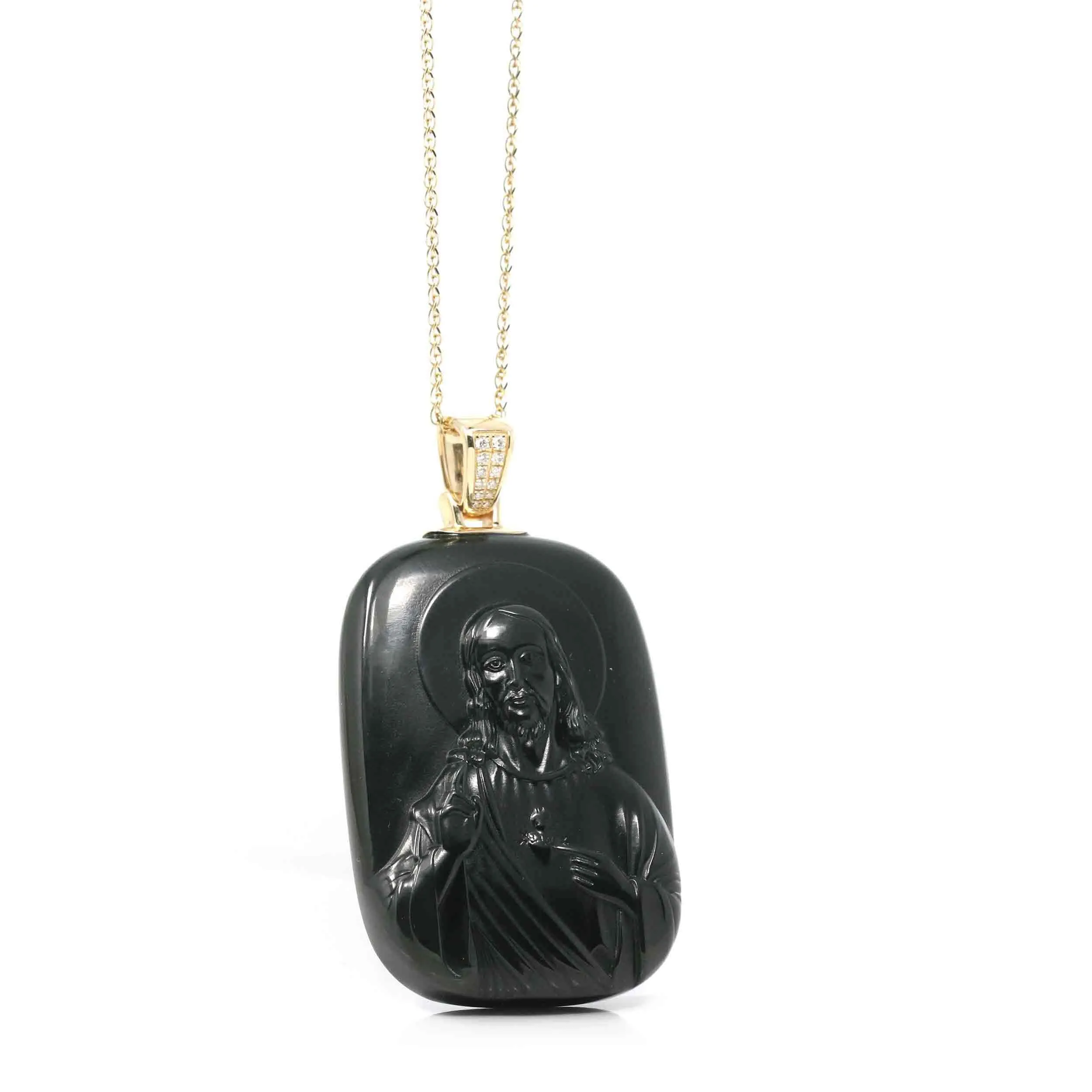 Baikalla™ 14K Yellow Gold Genuine Nephrite Black Jade " Jesus " Pendant Necklace