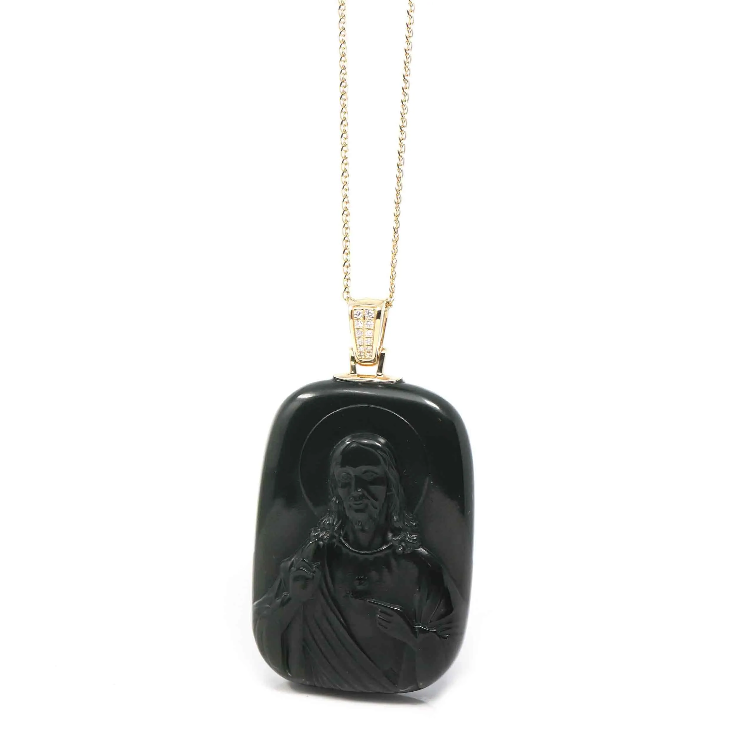 Baikalla™ 14K Yellow Gold Genuine Nephrite Black Jade " Jesus " Pendant Necklace