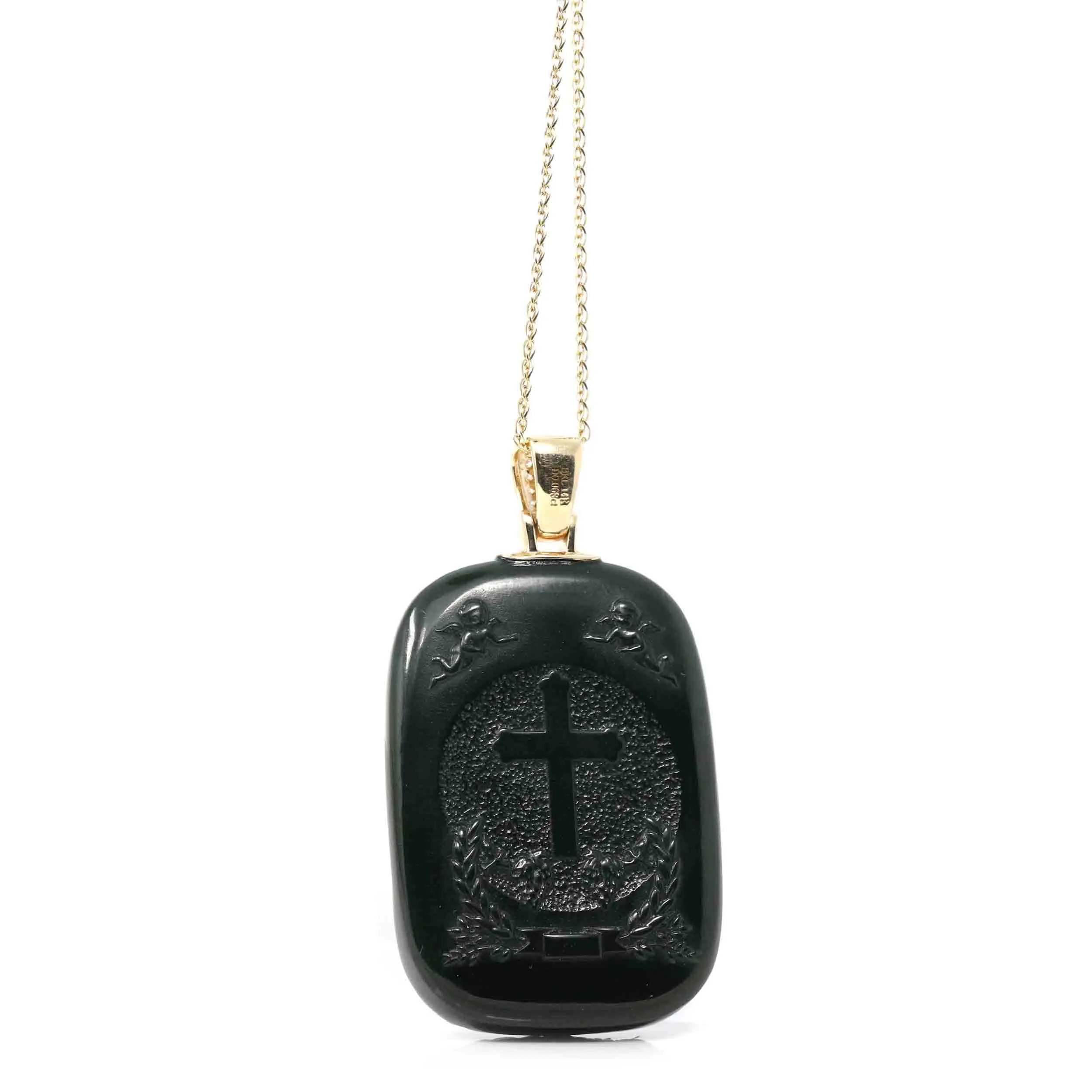 Baikalla™ 14K Yellow Gold Genuine Nephrite Black Jade " Jesus " Pendant Necklace