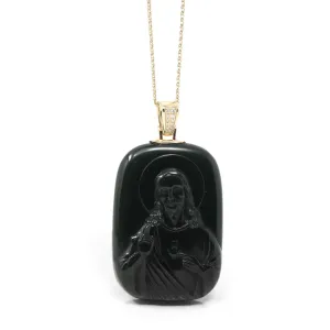 Baikalla™ 14K Yellow Gold Genuine Nephrite Black Jade " Jesus " Pendant Necklace