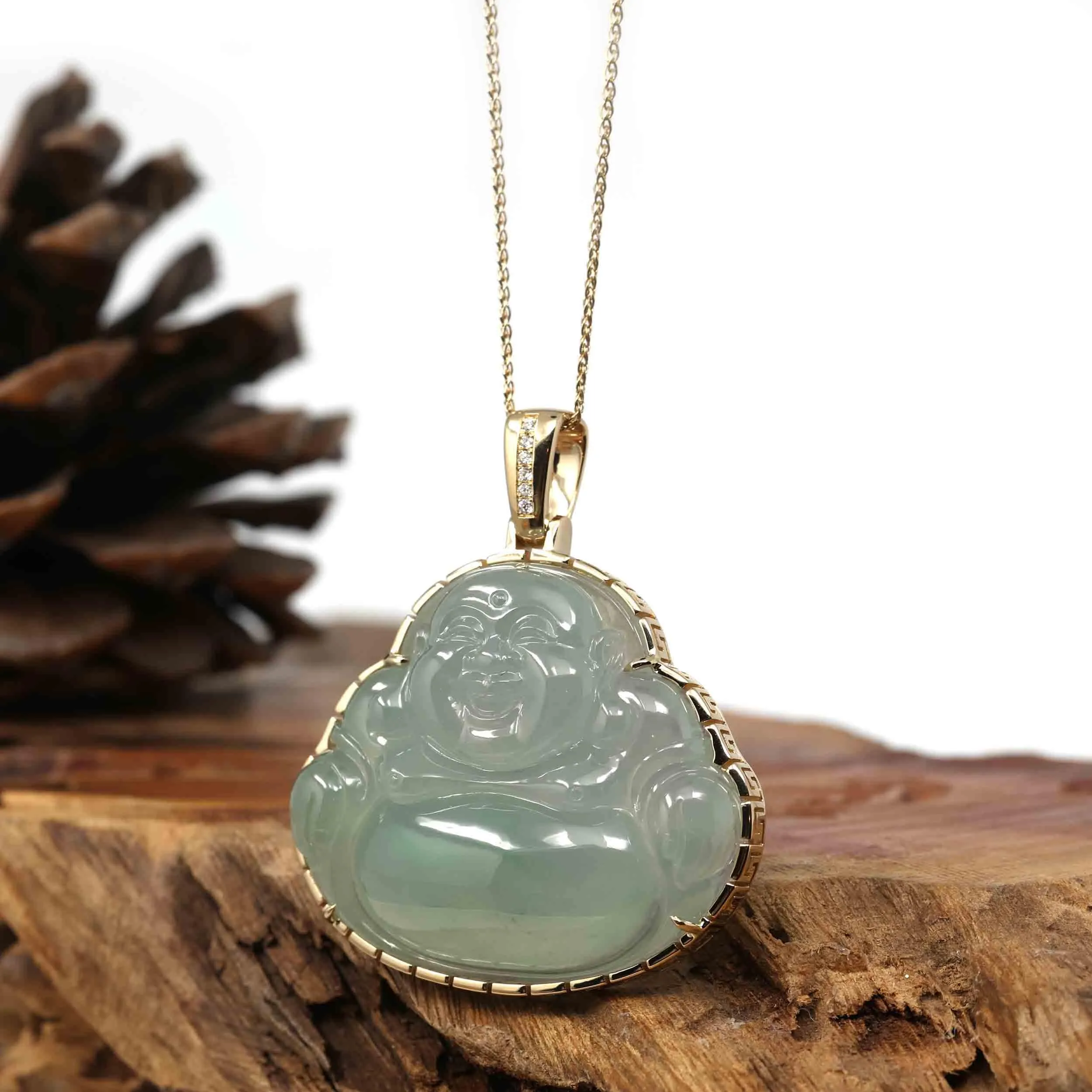 Baikalla 18K Rose Gold Genuine Burmese Ice Jadeite Jade Buddha Pendant with Diamonds