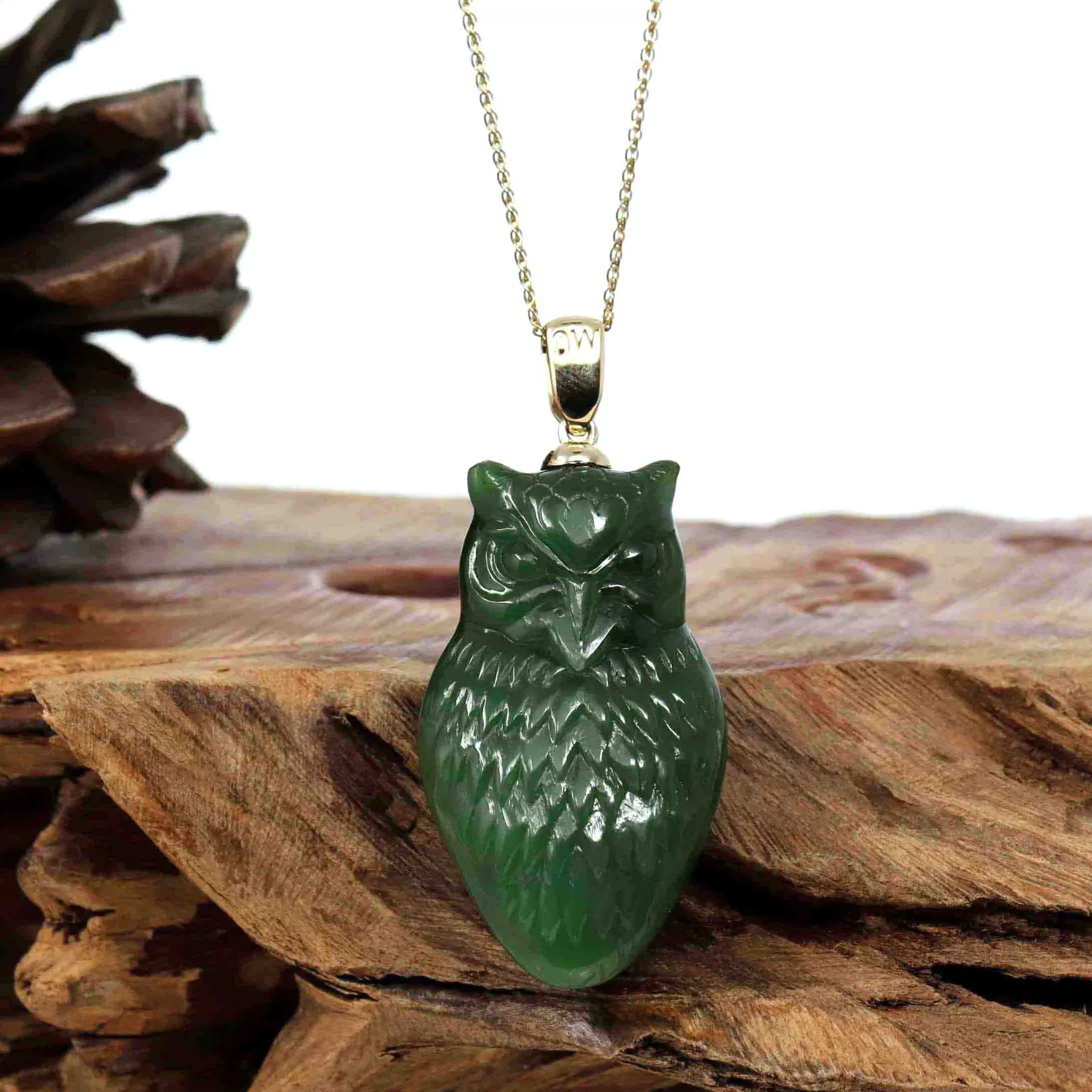 Baikalla Genuine Green Nephrite Jade Lucky Owl Pendant Necklace With 14k Yellow Gold Bail