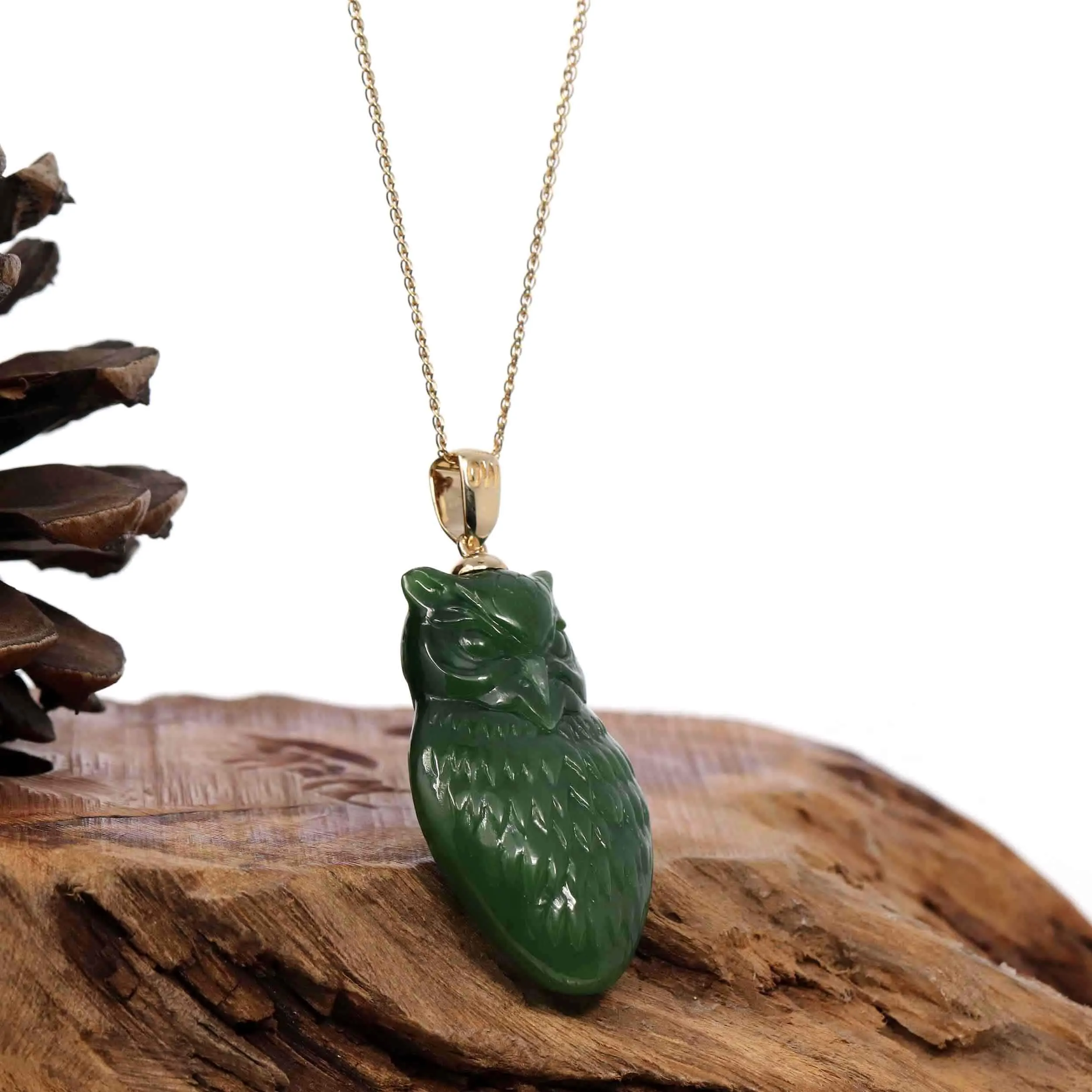 Baikalla Genuine Green Nephrite Jade Lucky Owl Pendant Necklace With 14k Yellow Gold Bail