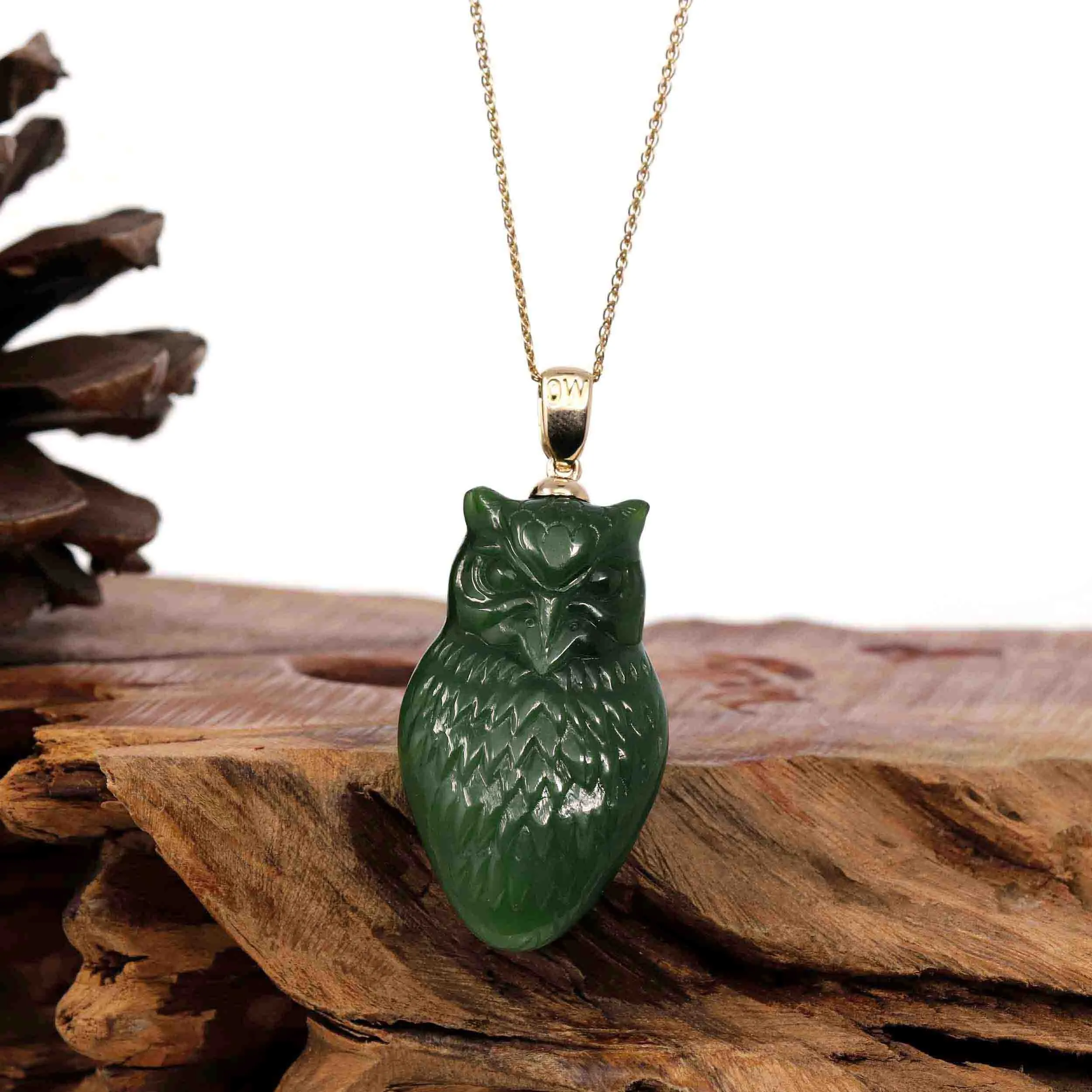 Baikalla Genuine Green Nephrite Jade Lucky Owl Pendant Necklace With 14k Yellow Gold Bail