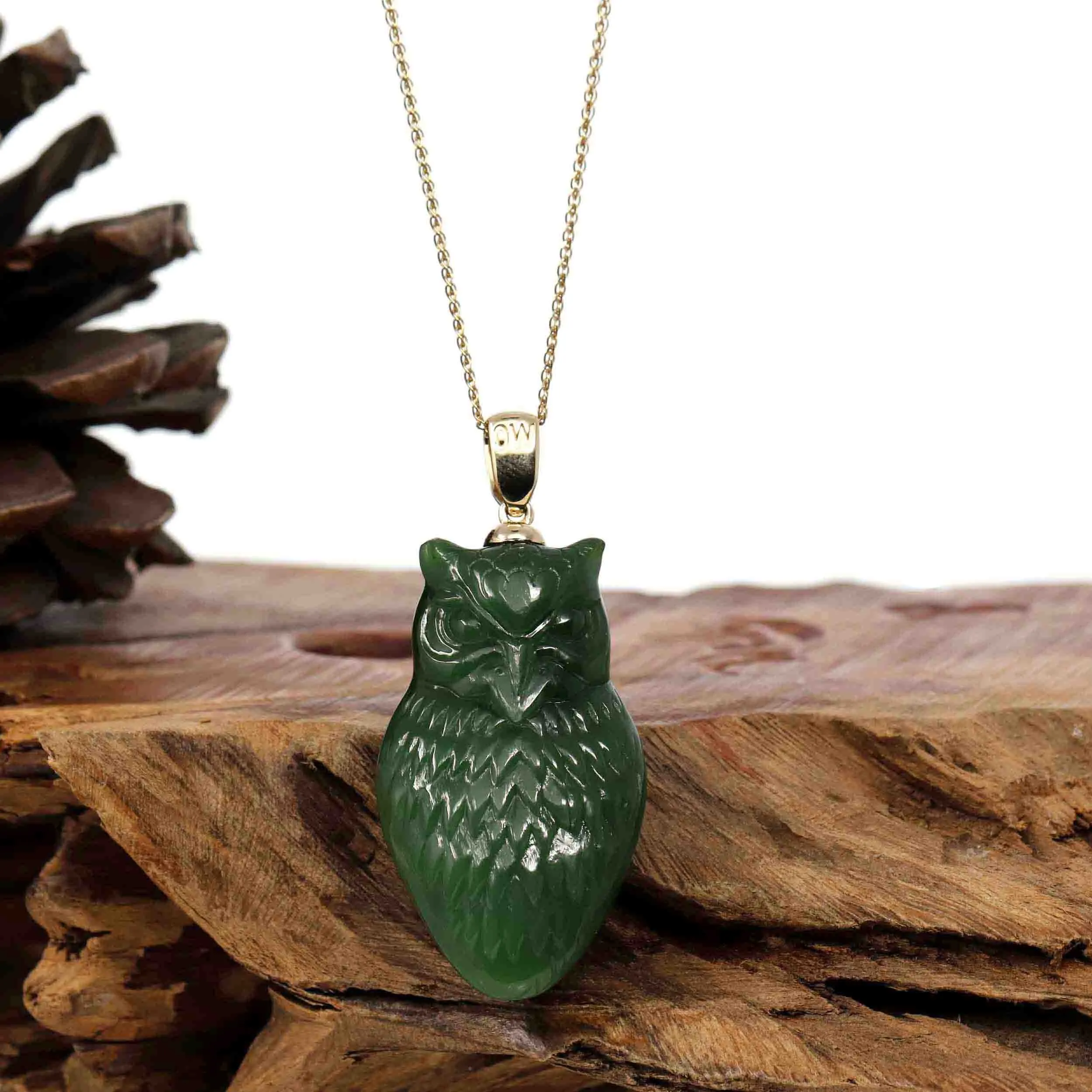 Baikalla Genuine Green Nephrite Jade Lucky Owl Pendant Necklace With 14k Yellow Gold Bail