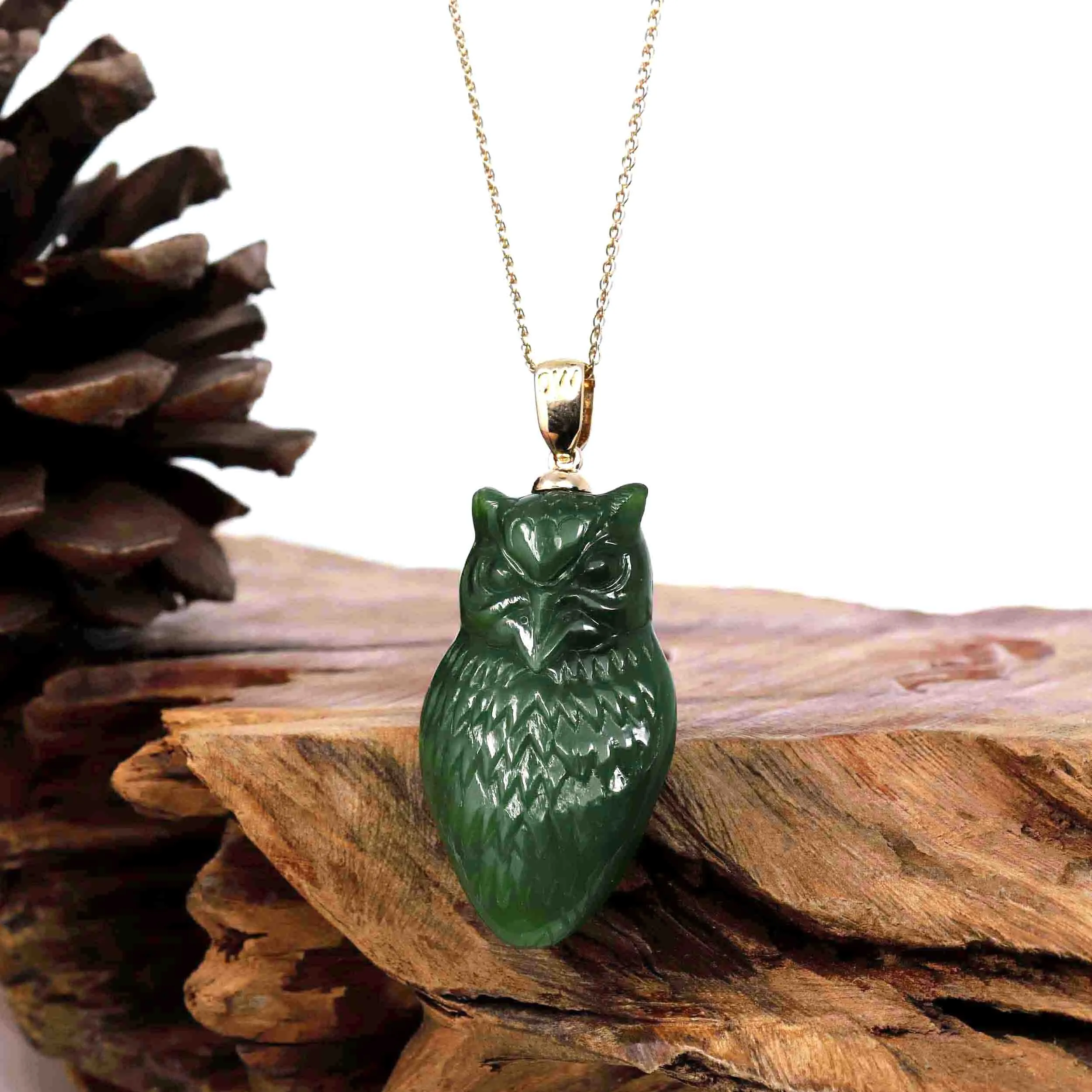 Baikalla Genuine Green Nephrite Jade Lucky Owl Pendant Necklace With 14k Yellow Gold Bail