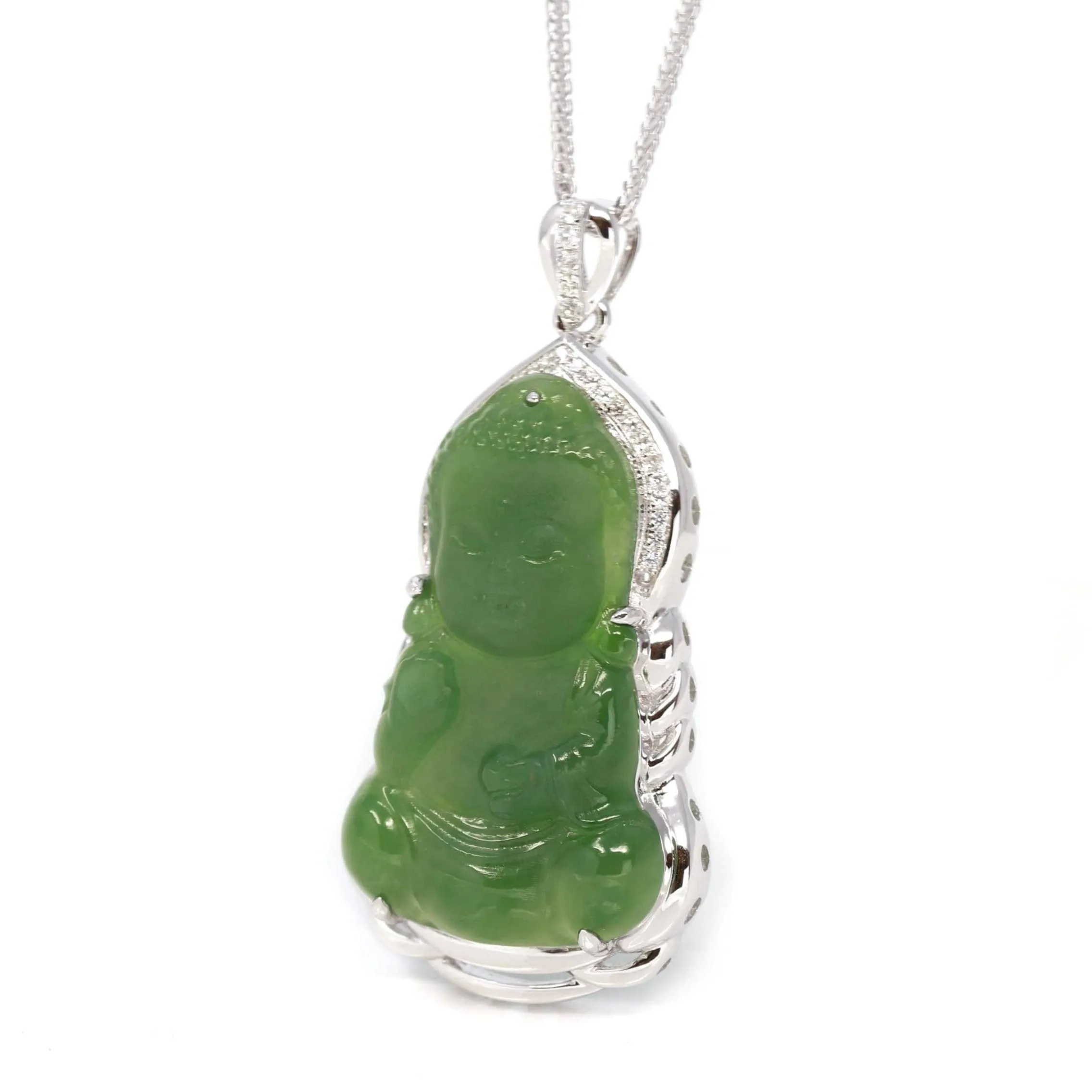 Baikalla™ Guan Yin Sterling Silver Genuine Nephrite Green Jade GuanYin Baby Buddha  Pendant Necklace