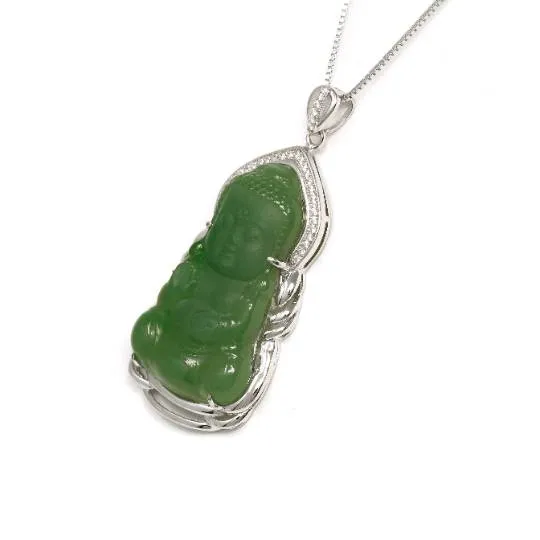 Baikalla™ Guan Yin Sterling Silver Genuine Nephrite Green Jade GuanYin Baby Buddha  Pendant Necklace