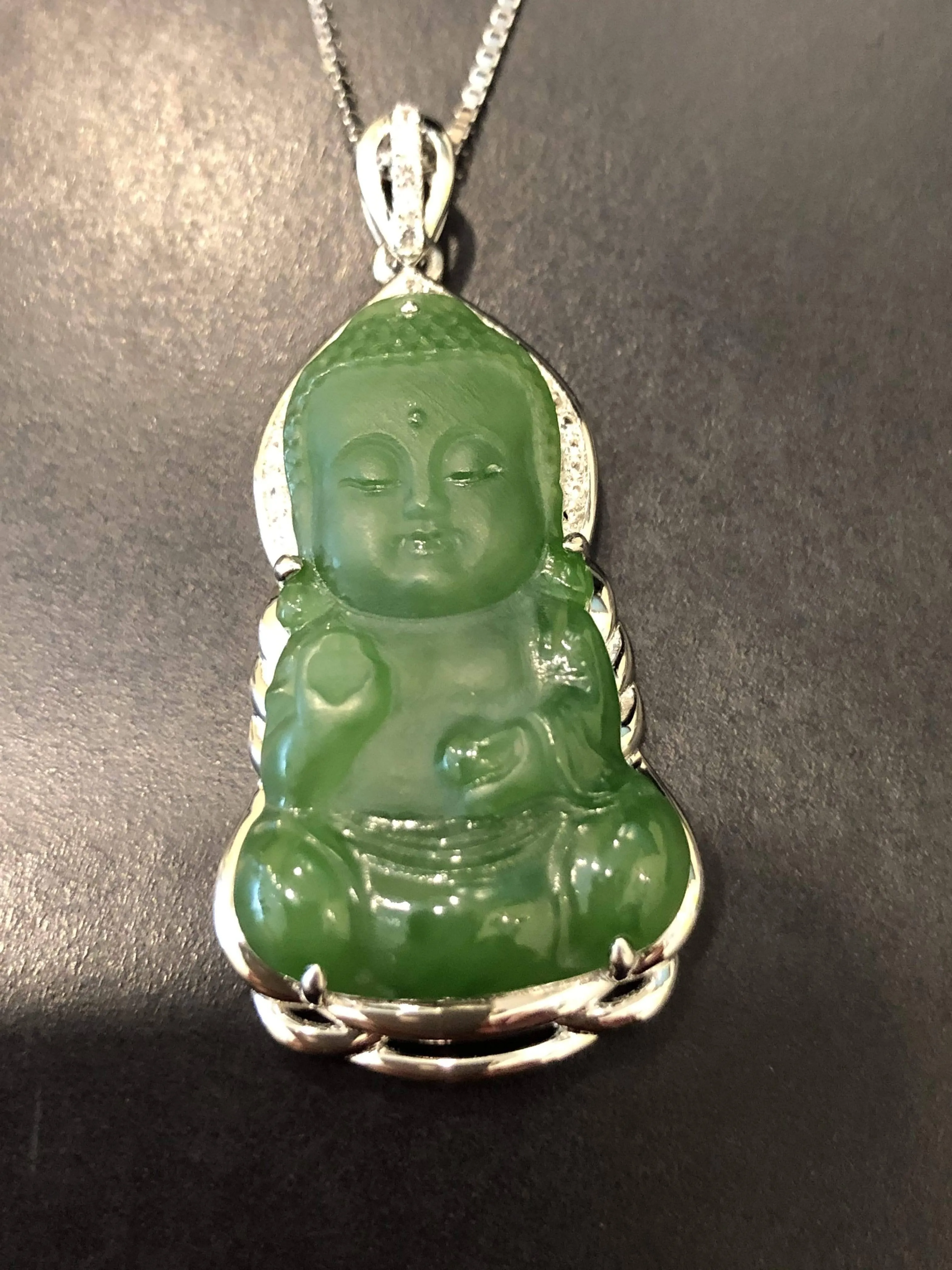 Baikalla™ Guan Yin Sterling Silver Genuine Nephrite Green Jade GuanYin Baby Buddha  Pendant Necklace