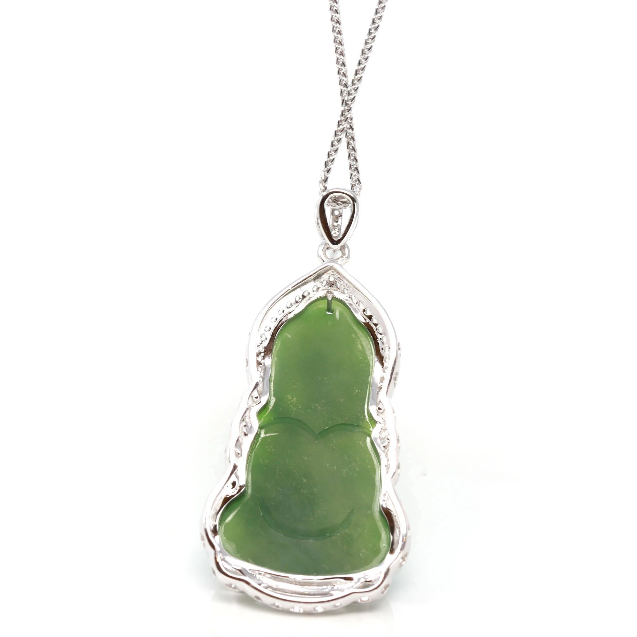 Baikalla™ Guan Yin Sterling Silver Genuine Nephrite Green Jade GuanYin Baby Buddha  Pendant Necklace