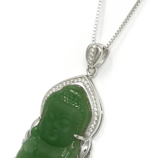 Baikalla™ Guan Yin Sterling Silver Genuine Nephrite Green Jade GuanYin Baby Buddha  Pendant Necklace