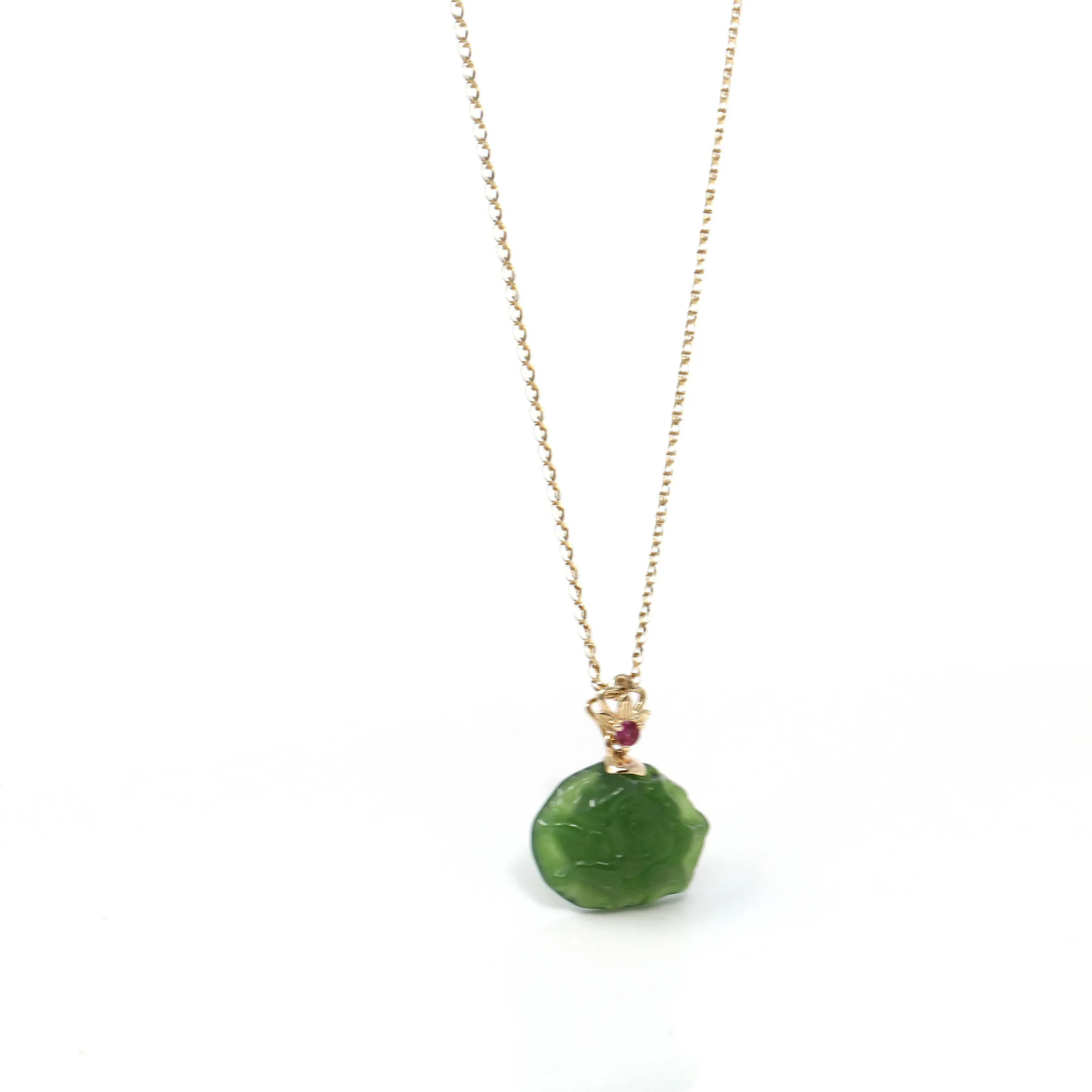 Baikalla™ " Peony Flower " 14k Yellow Gold Genuine Nephrite Green Jade Pendant Necklace