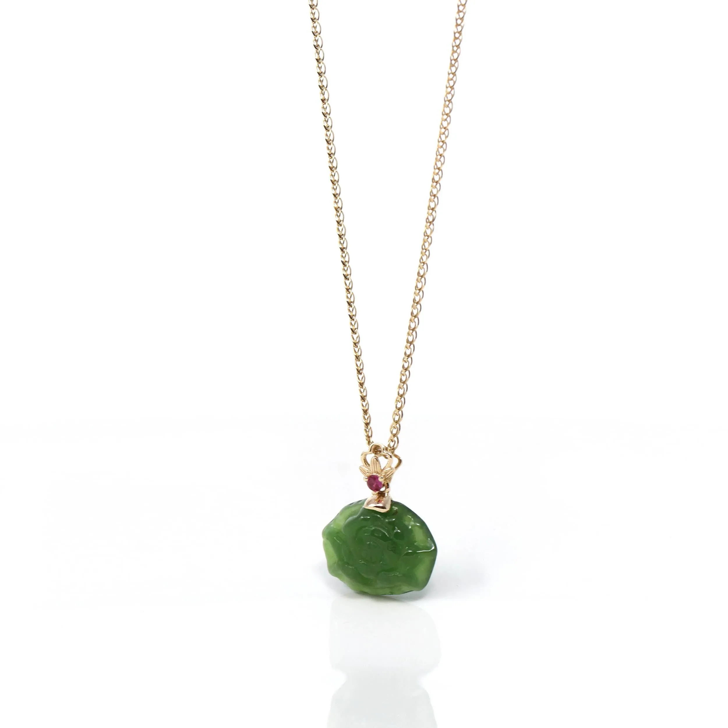 Baikalla™ " Peony Flower " 14k Yellow Gold Genuine Nephrite Green Jade Pendant Necklace