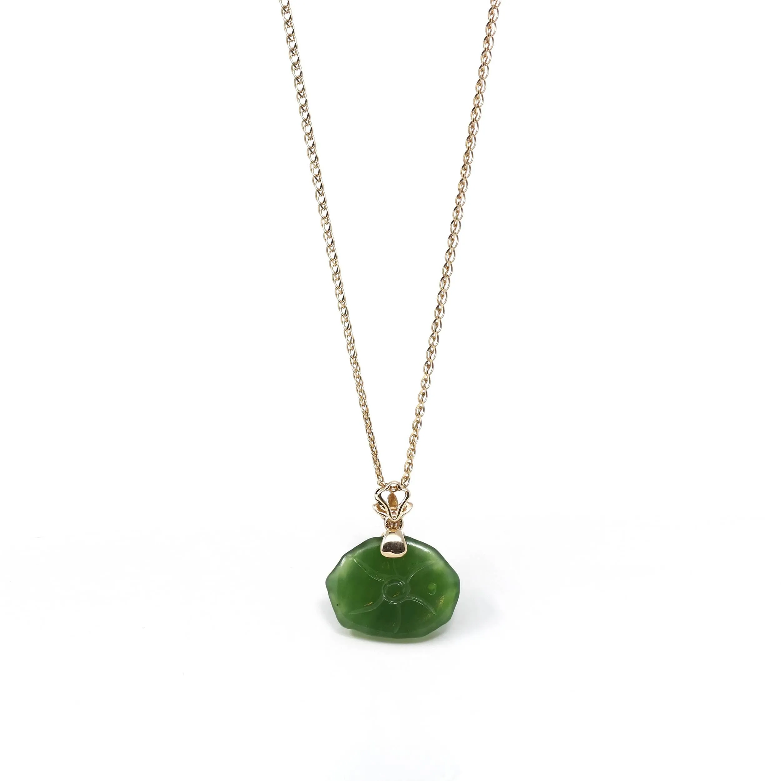 Baikalla™ " Peony Flower " 14k Yellow Gold Genuine Nephrite Green Jade Pendant Necklace