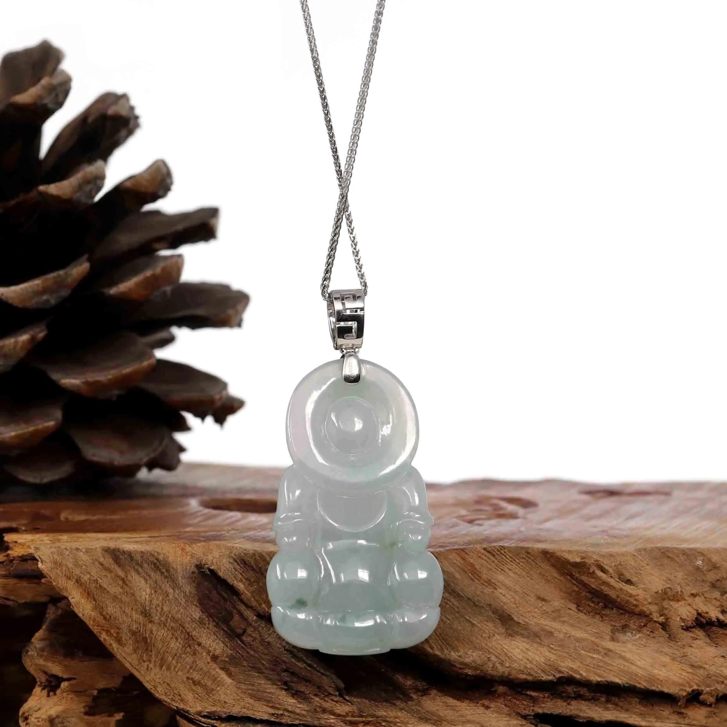 Baikalla "Goddess of Compassion" Genuine Burmese Jadeite Jade Guanyin Necklace With Good Luck Design Silver Bail