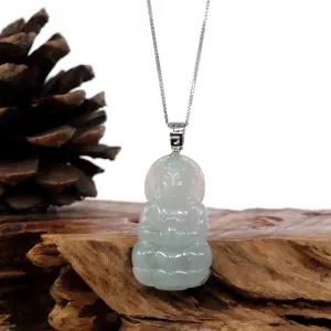 Baikalla "Goddess of Compassion" Genuine Burmese Jadeite Jade Guanyin Necklace With Good Luck Design Silver Bail