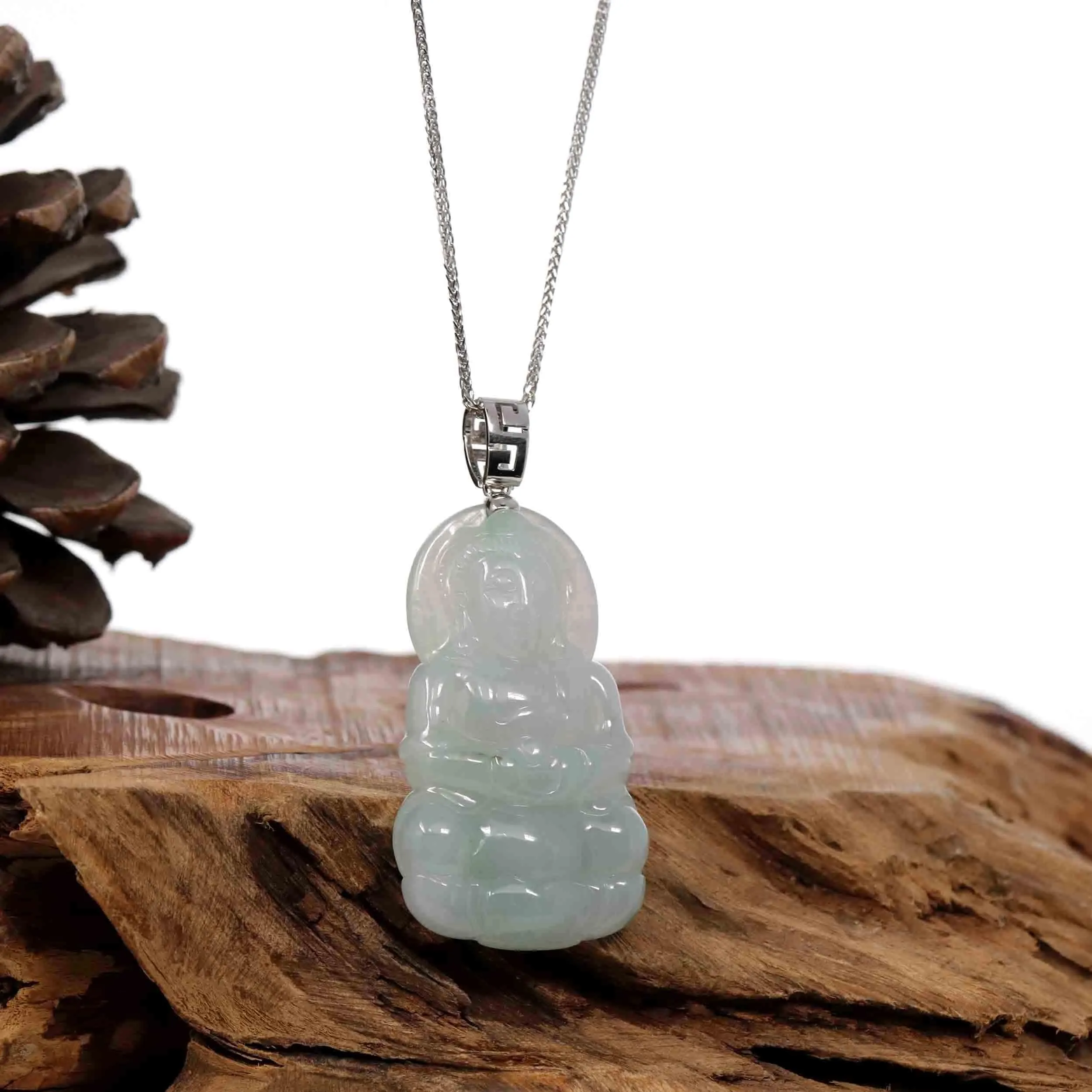 Baikalla "Goddess of Compassion" Genuine Burmese Jadeite Jade Guanyin Necklace With Good Luck Design Silver Bail