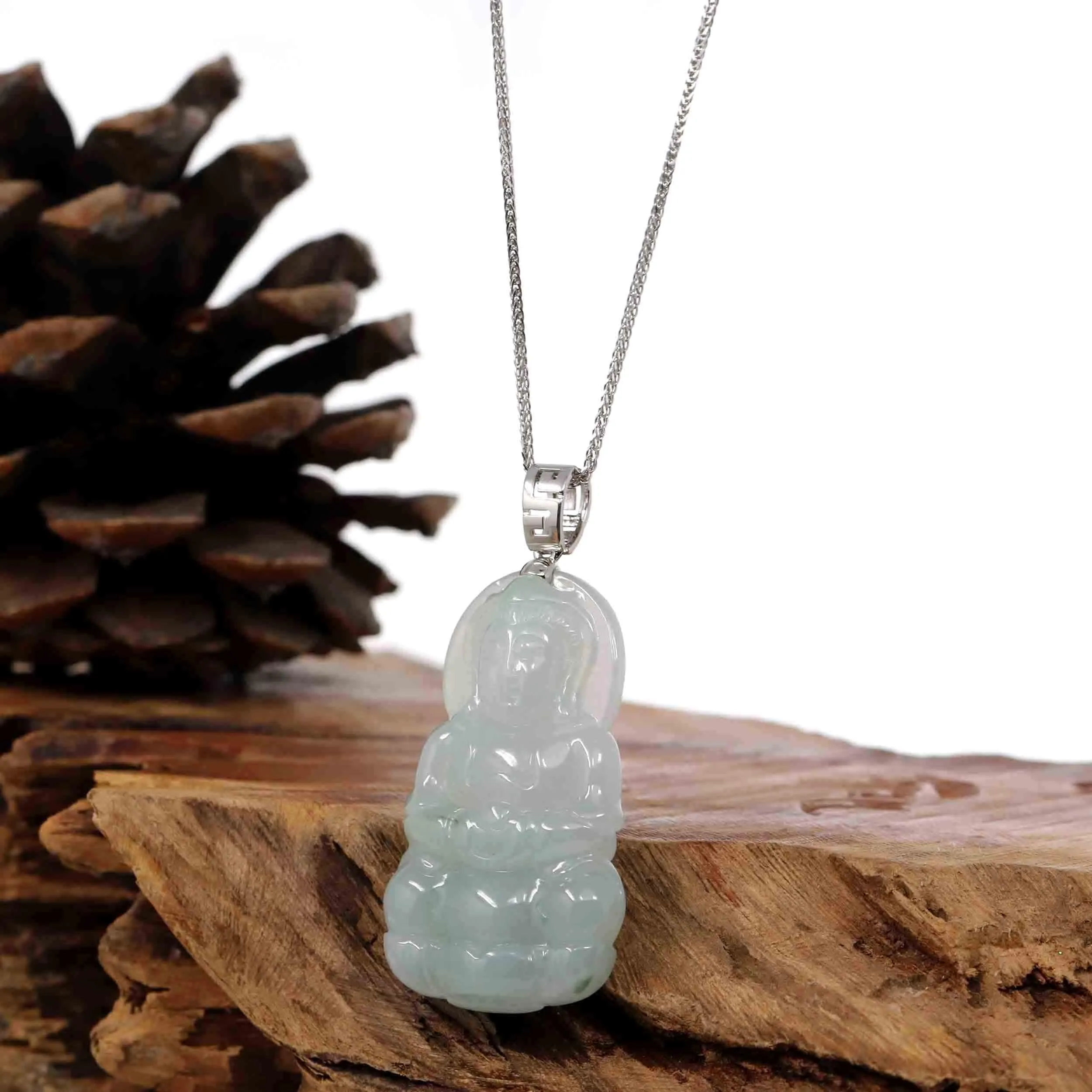 Baikalla "Goddess of Compassion" Genuine Burmese Jadeite Jade Guanyin Necklace With Good Luck Design Silver Bail