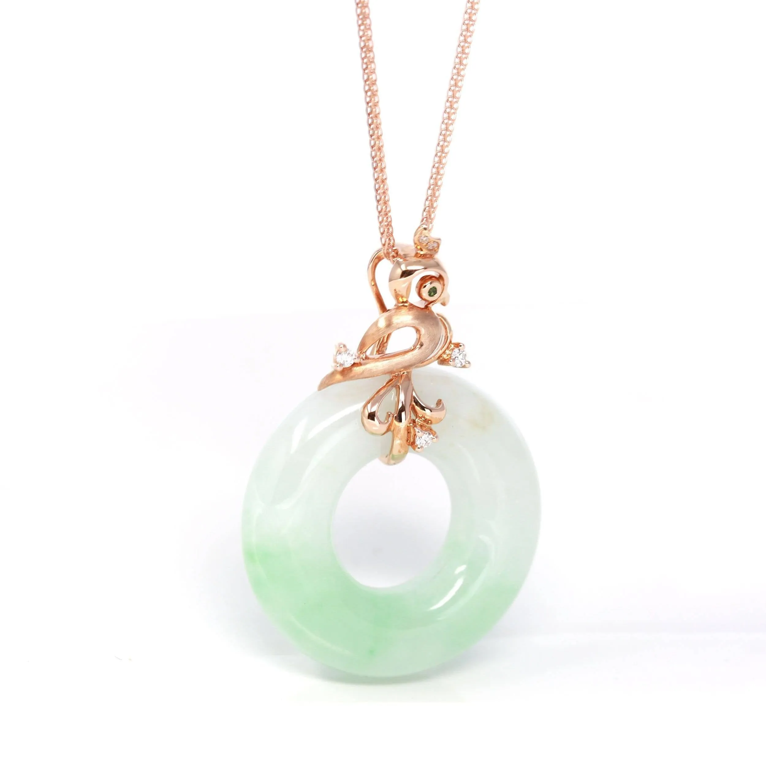 Baikalla™ "Good Luck Birdie" 18k Rose Gold Genuine Burmese Jadeite Lucky Kou Kou Pendant Necklace With AA Tourmaline & Diamonds