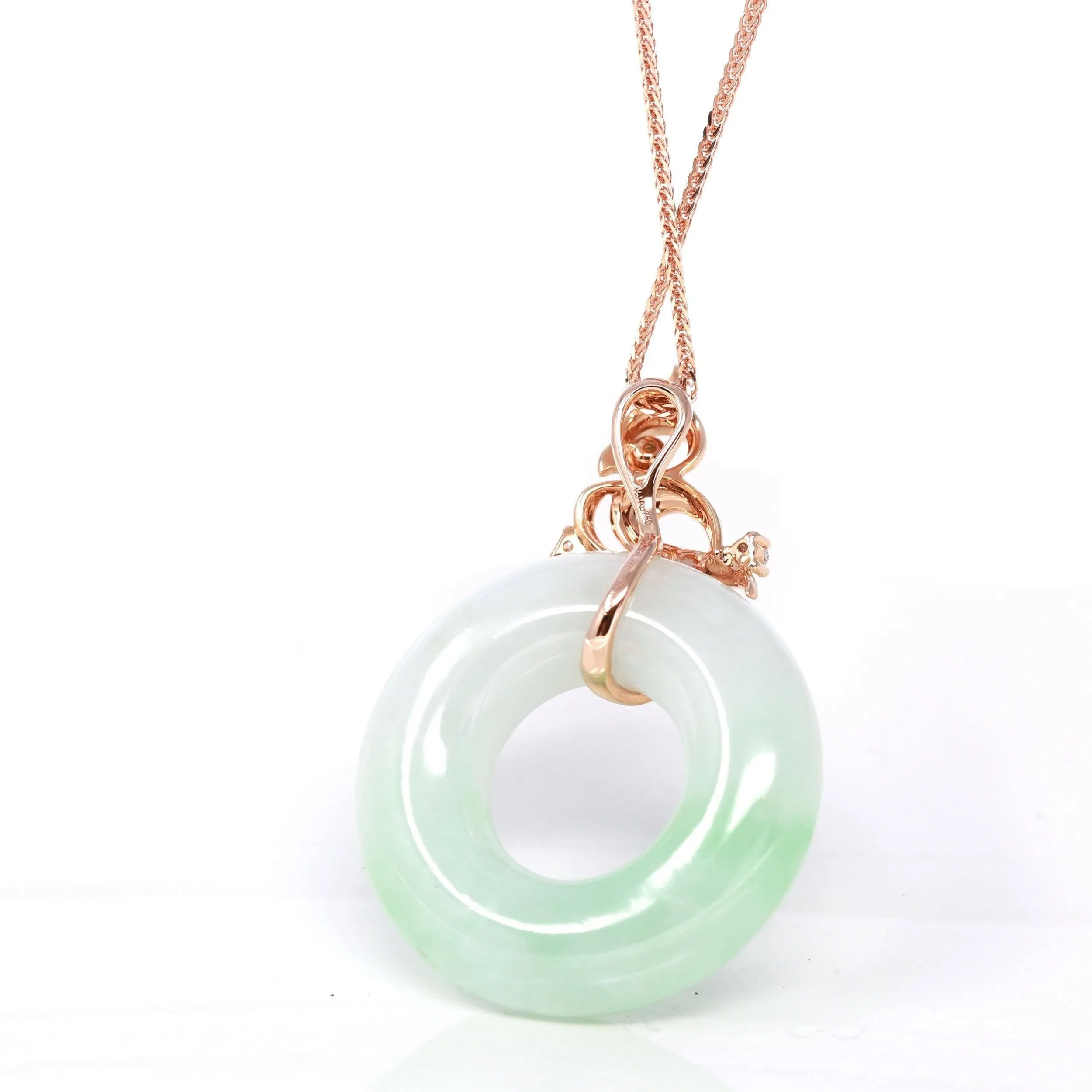 Baikalla™ "Good Luck Birdie" 18k Rose Gold Genuine Burmese Jadeite Lucky Kou Kou Pendant Necklace With AA Tourmaline & Diamonds