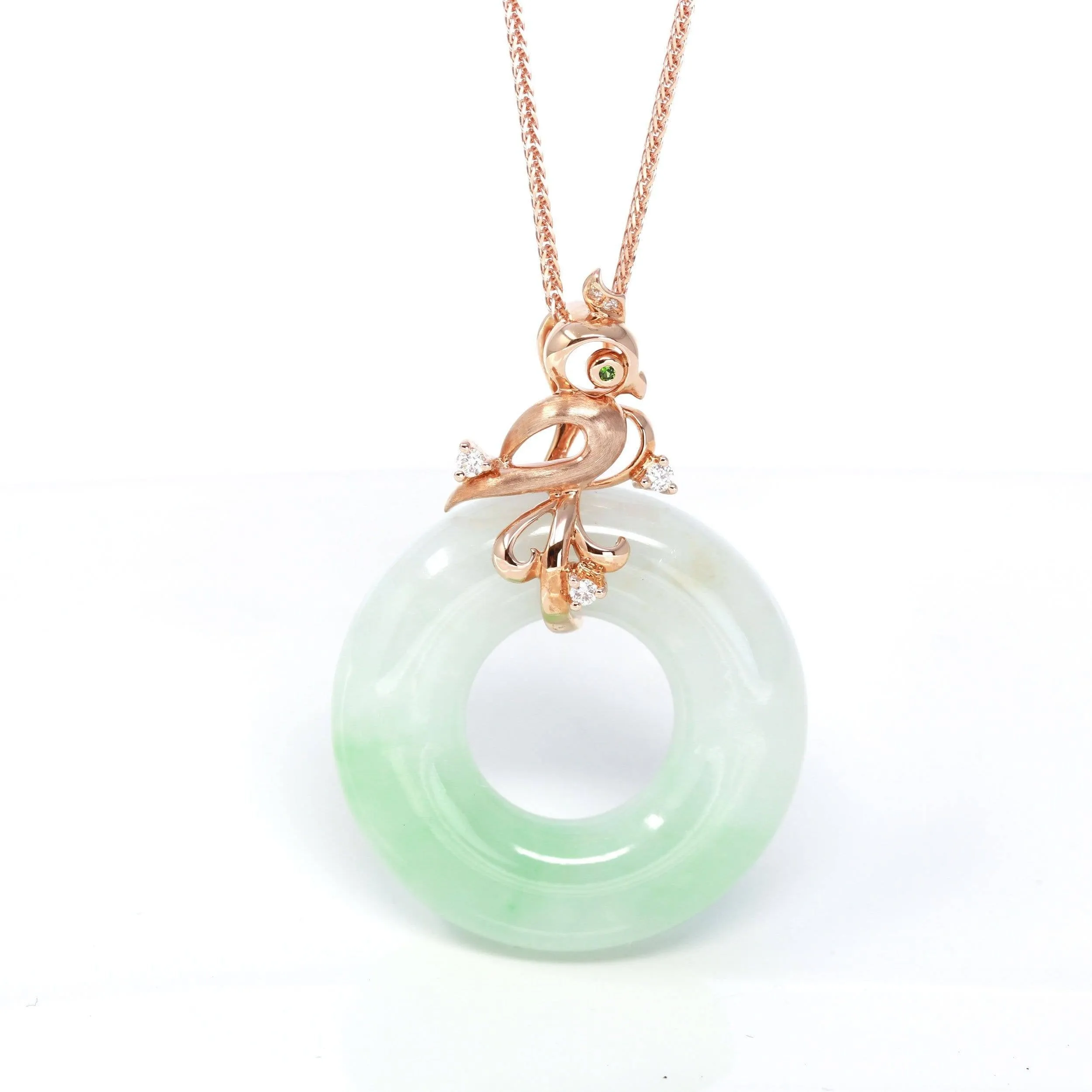 Baikalla™ "Good Luck Birdie" 18k Rose Gold Genuine Burmese Jadeite Lucky Kou Kou Pendant Necklace With AA Tourmaline & Diamonds