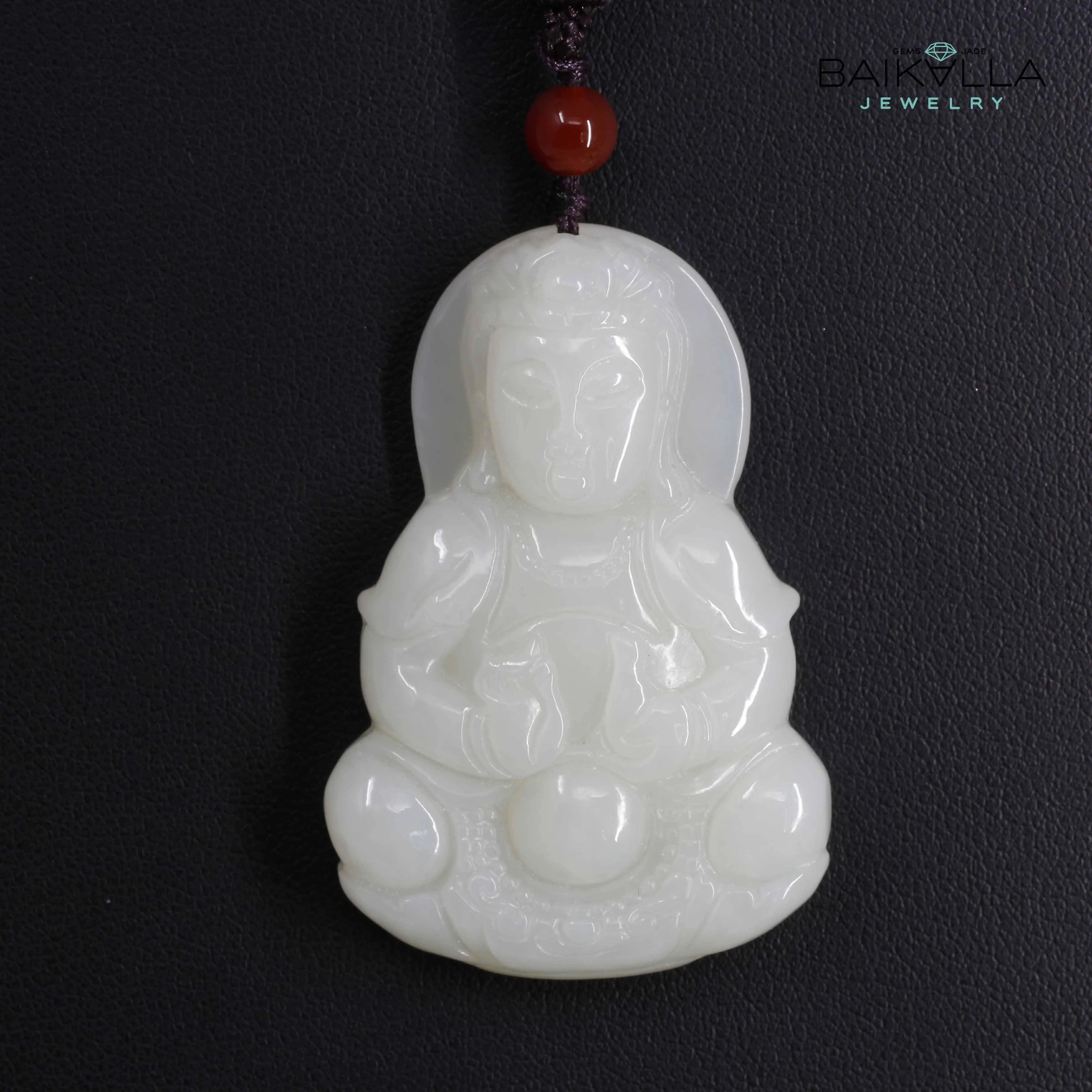 Baikalla™ "Guan Yin" Genuine HeTian White Nephrite Jade Guanyin Pendant Necklace