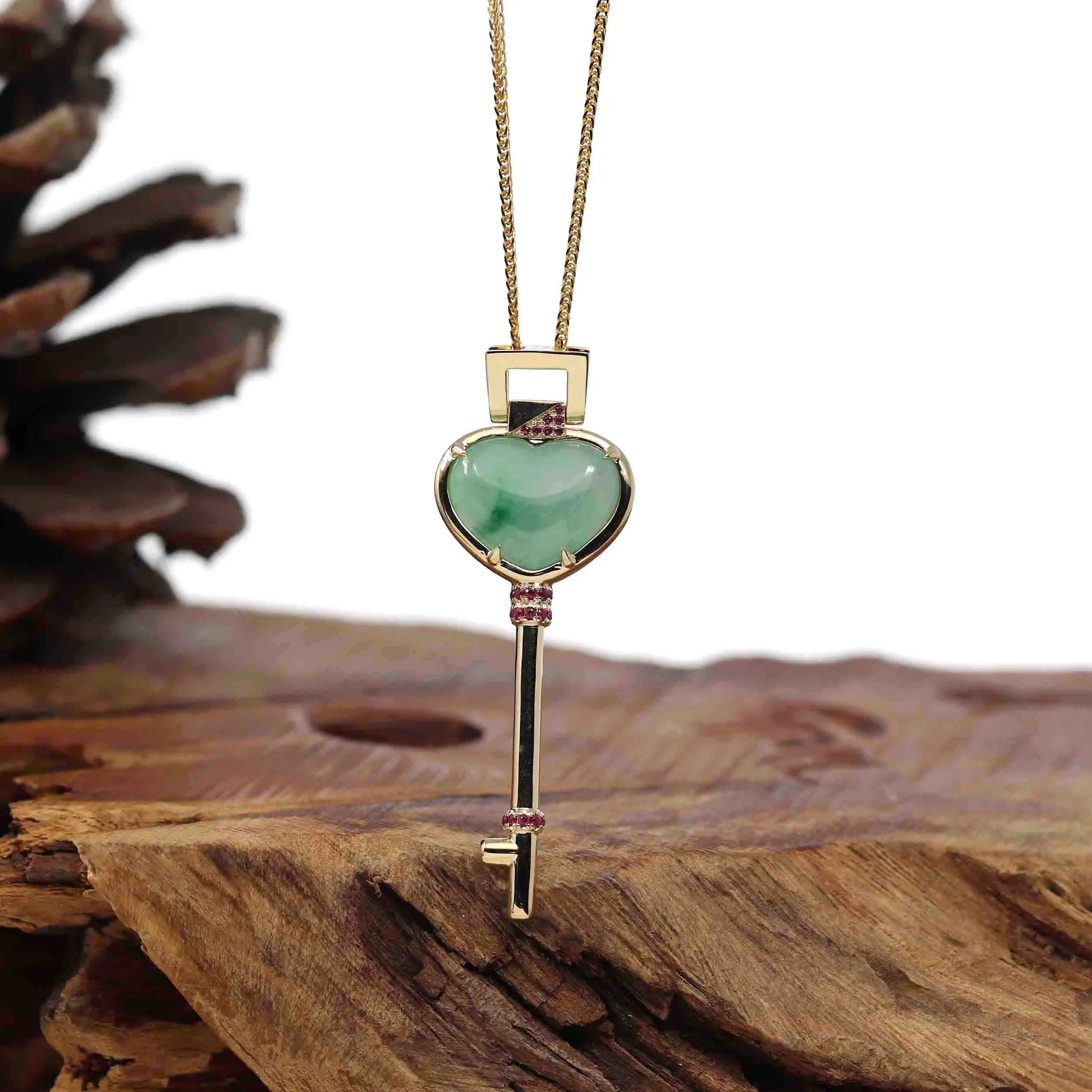 Baikalla™ "Heart Key" 14k Yellow Gold Genuine Burmese Jadeite Key Pendant Necklace With Ruby