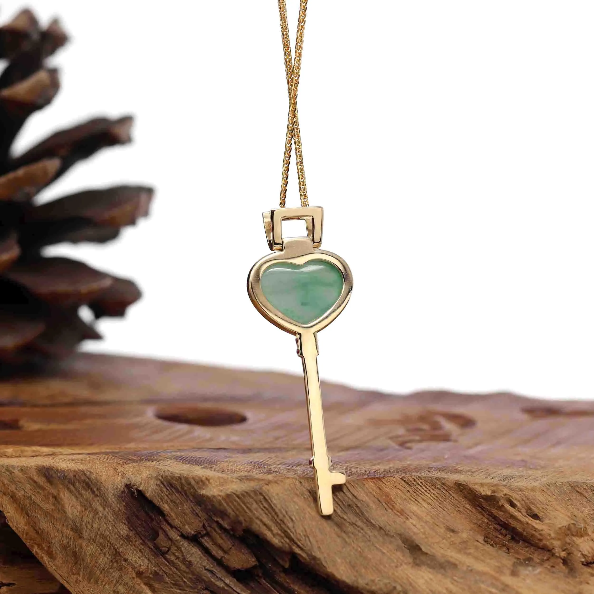 Baikalla™ "Heart Key" 14k Yellow Gold Genuine Burmese Jadeite Key Pendant Necklace With Ruby