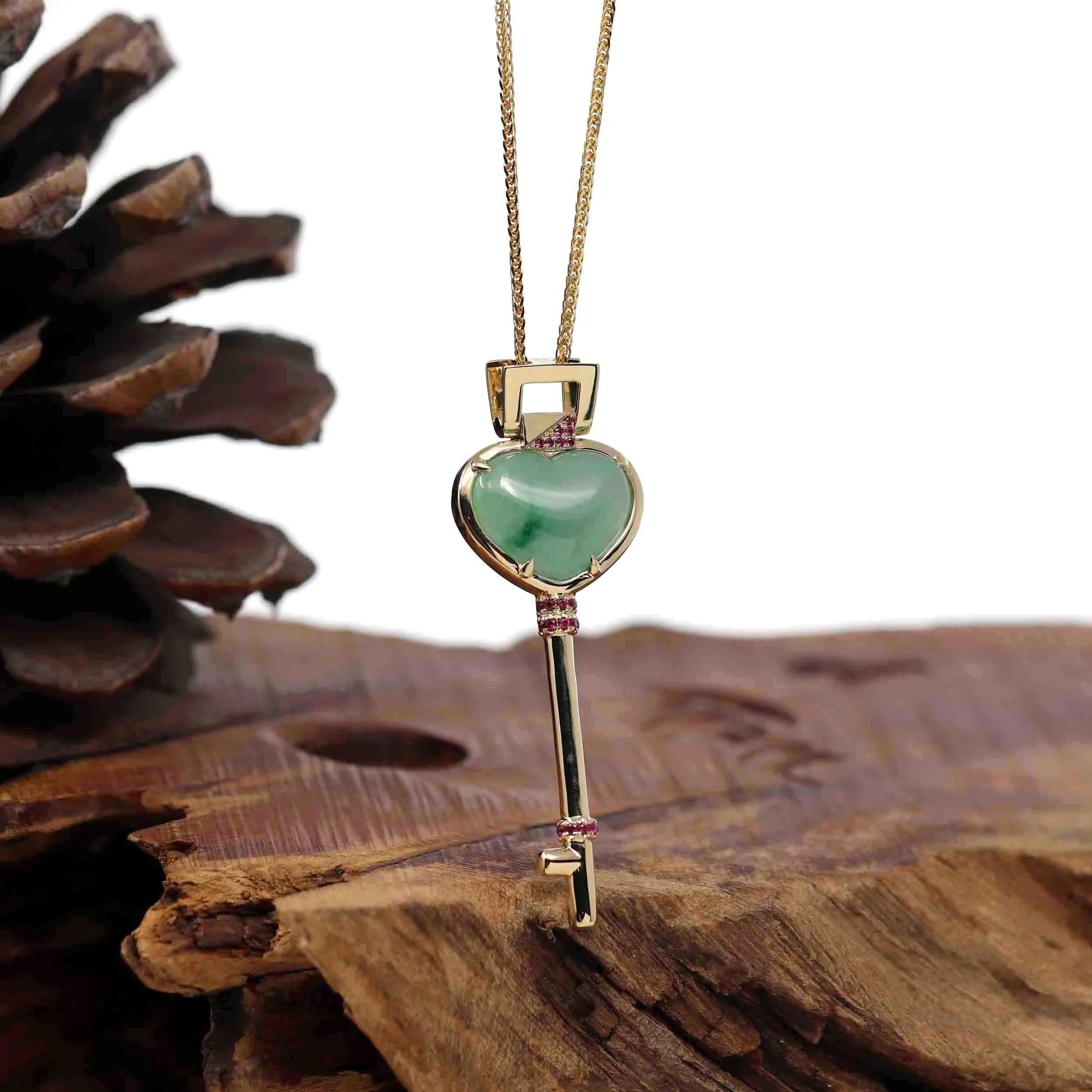 Baikalla™ "Heart Key" 14k Yellow Gold Genuine Burmese Jadeite Key Pendant Necklace With Ruby