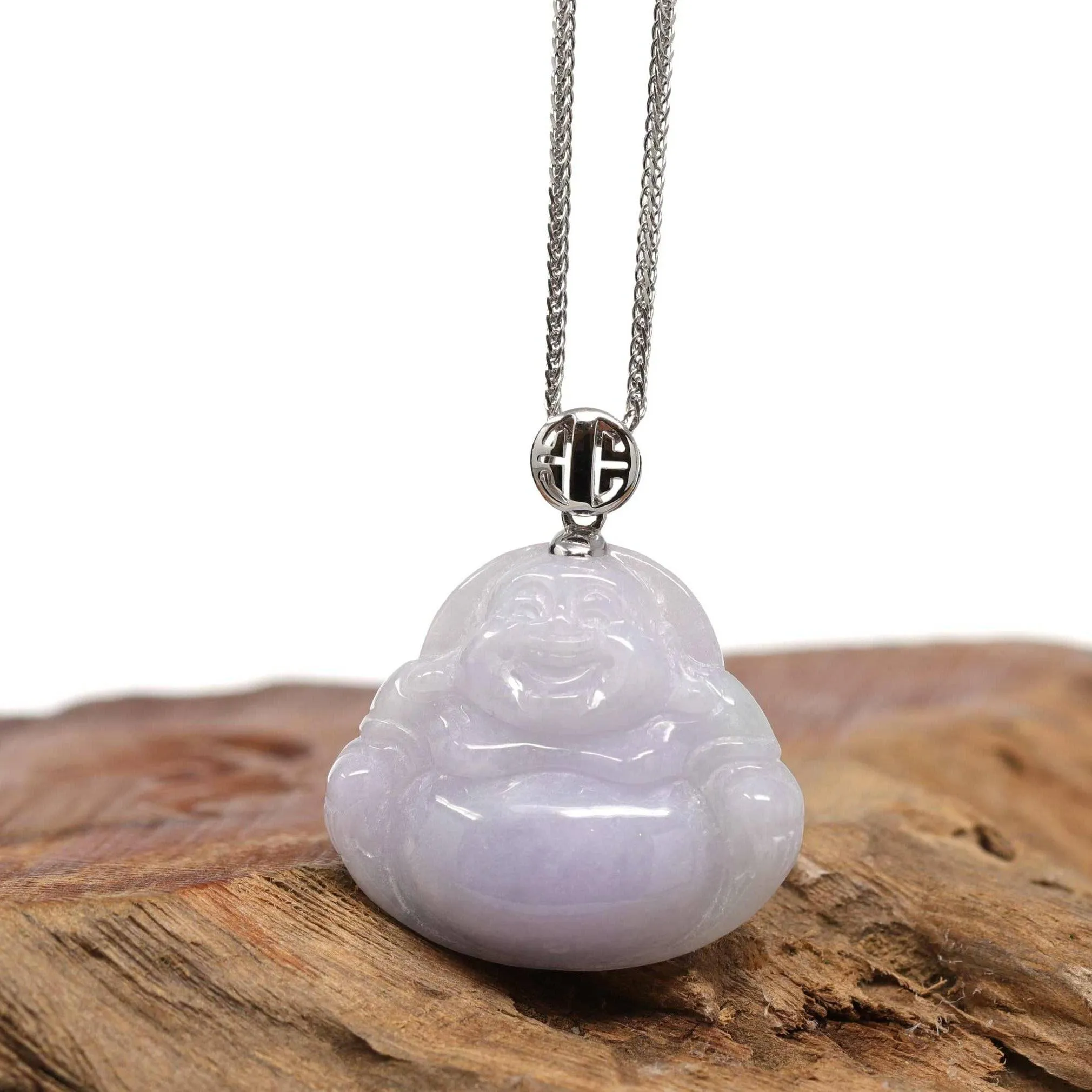 Baikalla™ "Laughing Buddha" Genuine Lavender Jadeite Buddha Pendant Necklace With 14k White Gold Buddha Symbol  Bail