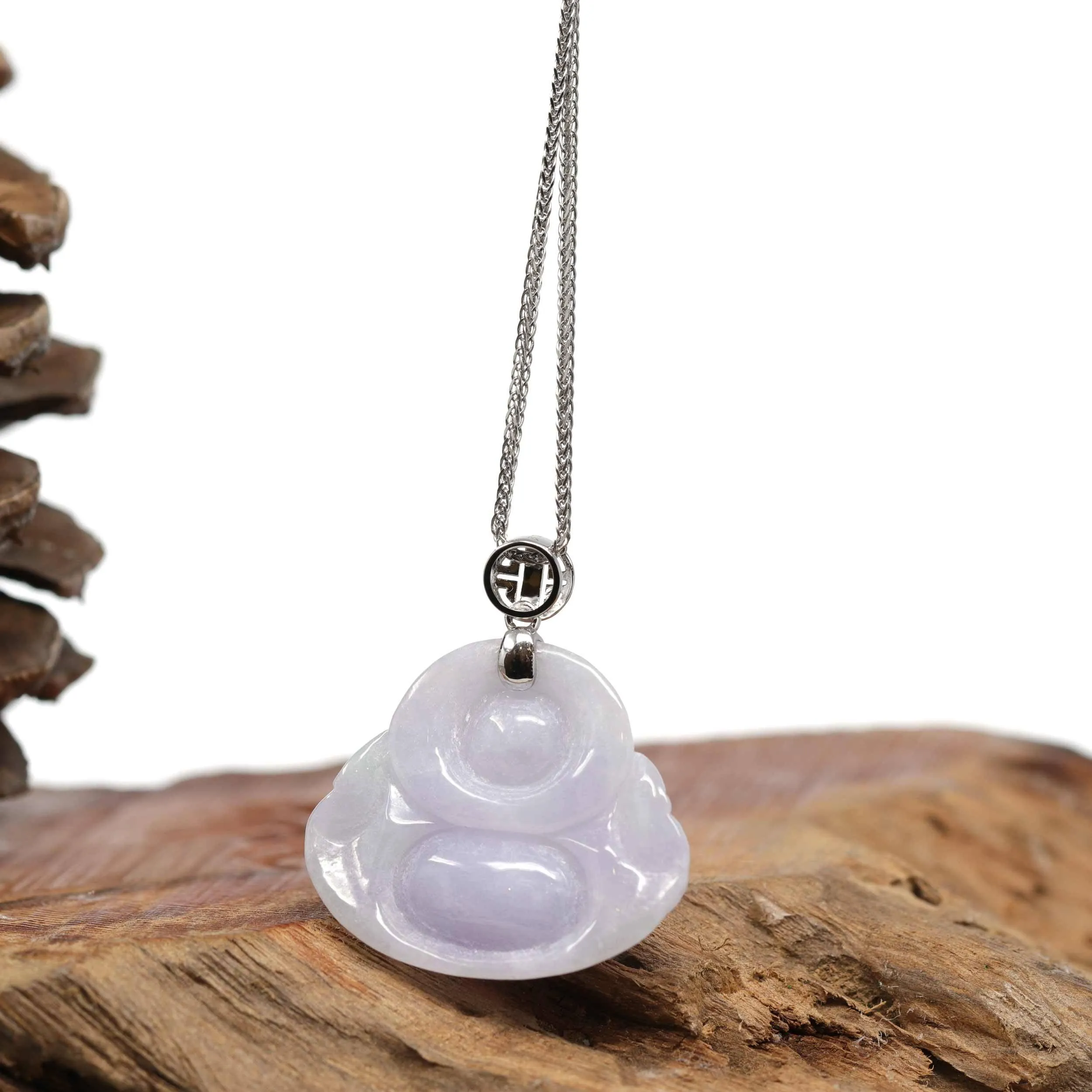 Baikalla™ "Laughing Buddha" Genuine Lavender Jadeite Buddha Pendant Necklace With 14k White Gold Buddha Symbol  Bail