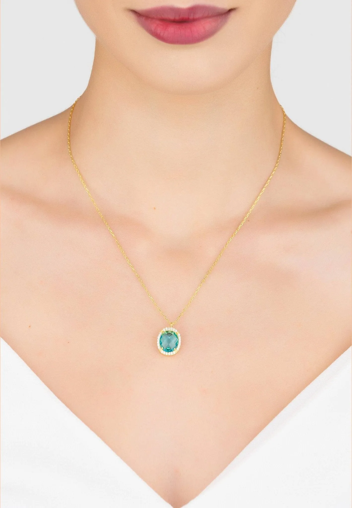 Beatrice Oval Gemstone Pendant Necklaceâ Gold Blue Topaz Hydro