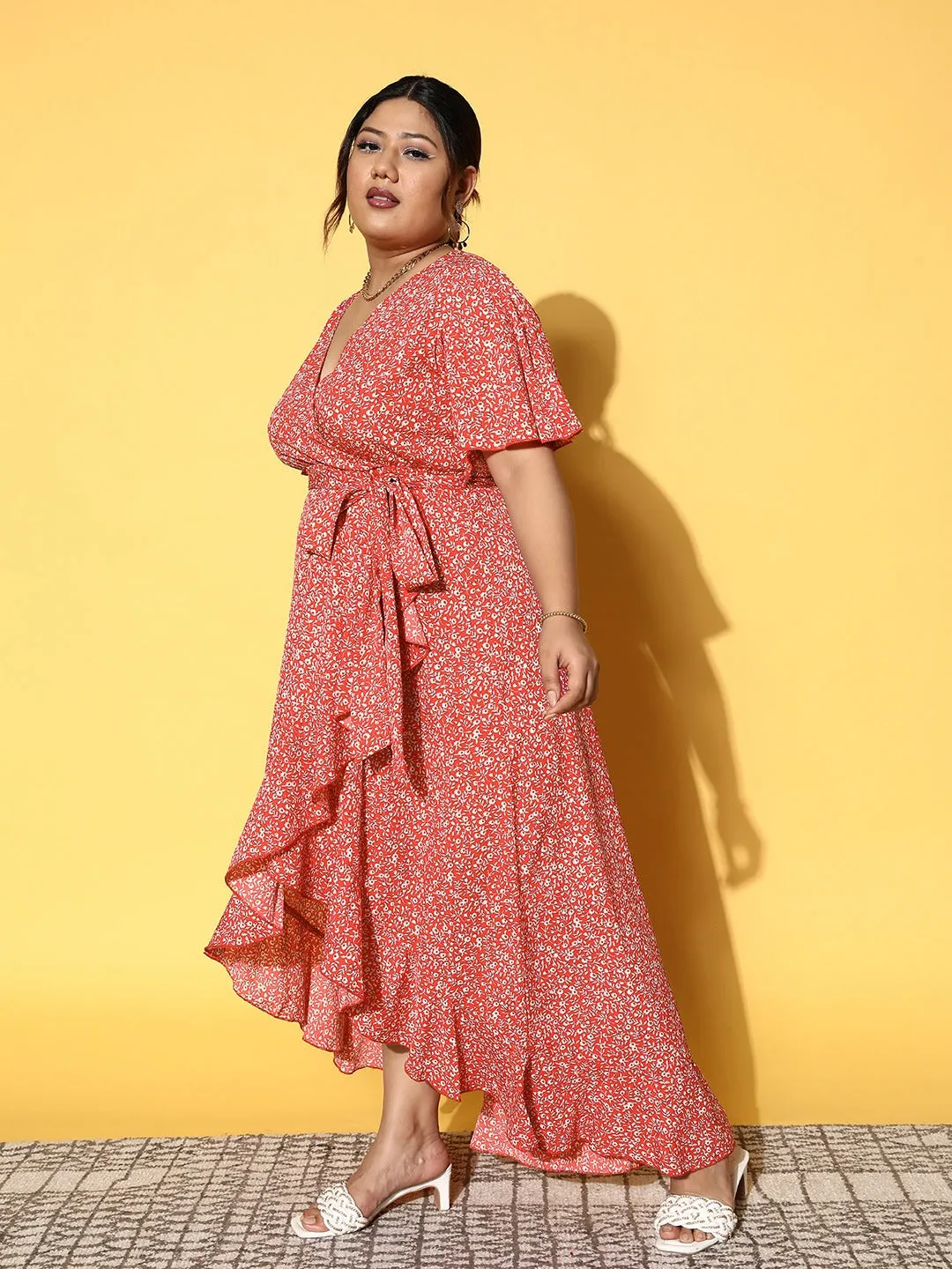 Berrylush Women Plus Size Coral Orange & White Floral Printed V-Neck Waist Tie-Up Crepe Flounce Hem Wrap Maxi Dress