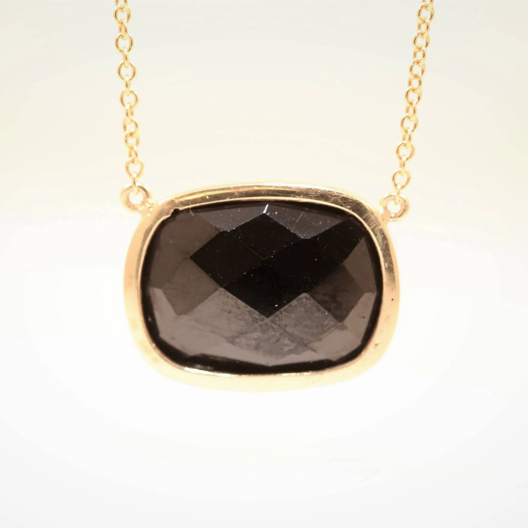 Black Spinel Bezel Necklace, 14K Gold, Checkerboard Cut