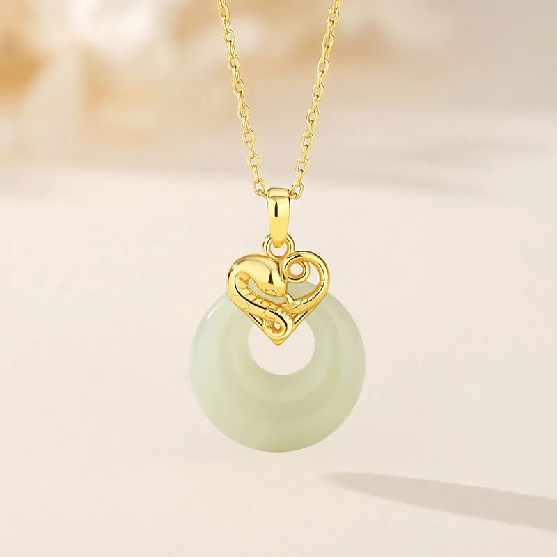 Buddha Stones 925 Sterling Silver Heart Hetian Jade Chalcedony Peace Buckle Year Of The Snake Blessing Luck Necklace Pendant