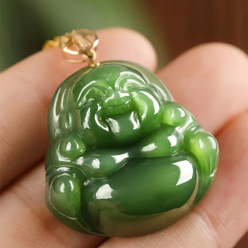 Buddha Stones 925 Sterling Silver Laughing Buddha Hetian Cyan Jade 18K Gold Success Necklace Chain Pendant