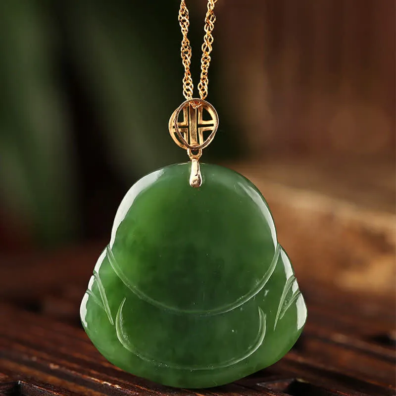 Buddha Stones 925 Sterling Silver Laughing Buddha Hetian Cyan Jade 18K Gold Success Necklace Chain Pendant