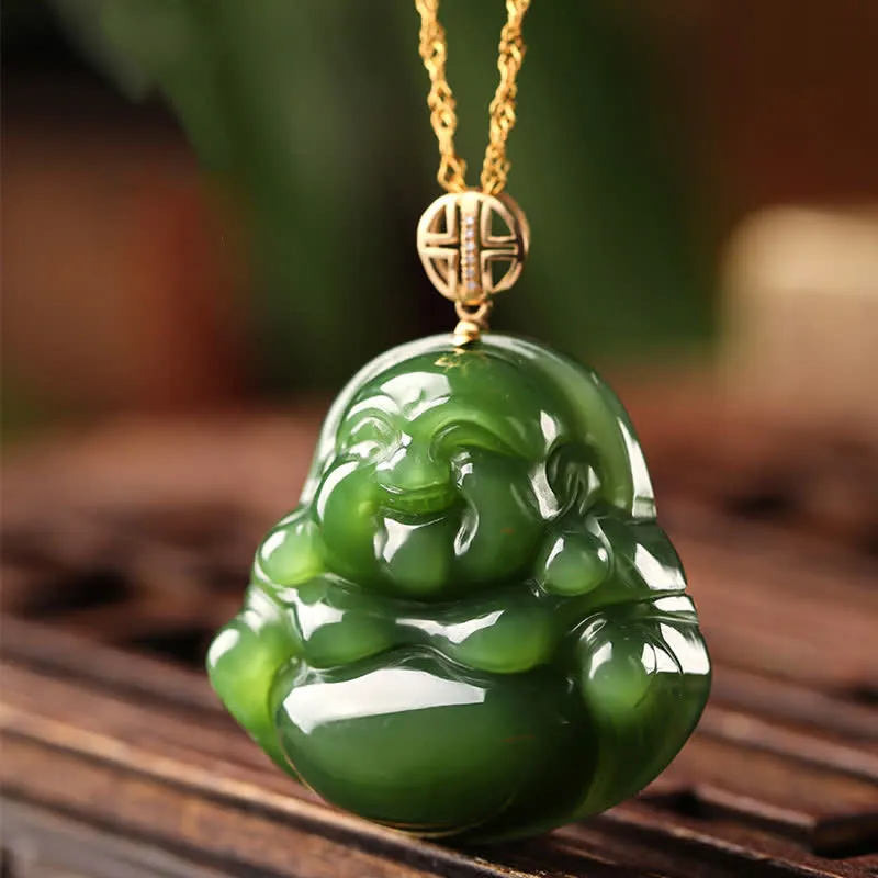 Buddha Stones 925 Sterling Silver Laughing Buddha Hetian Cyan Jade 18K Gold Success Necklace Chain Pendant