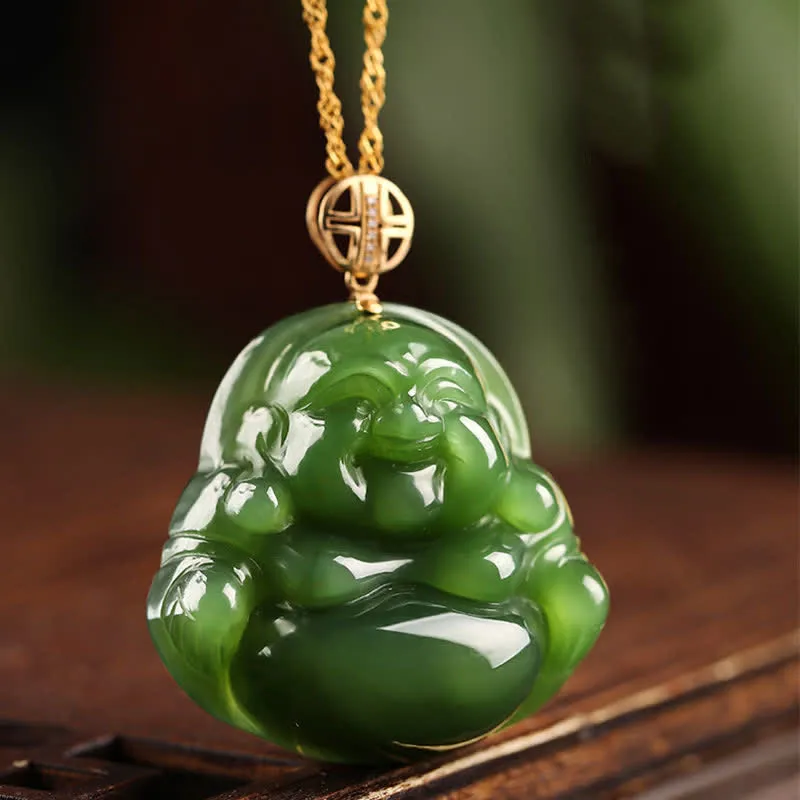 Buddha Stones 925 Sterling Silver Laughing Buddha Hetian Cyan Jade 18K Gold Success Necklace Chain Pendant