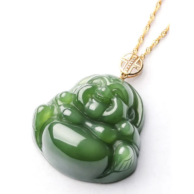 Buddha Stones 925 Sterling Silver Laughing Buddha Hetian Cyan Jade 18K Gold Success Necklace Chain Pendant