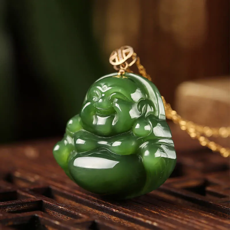 Buddha Stones 925 Sterling Silver Laughing Buddha Hetian Cyan Jade 18K Gold Success Necklace Chain Pendant