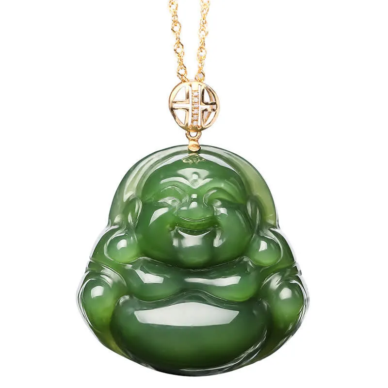 Buddha Stones 925 Sterling Silver Laughing Buddha Hetian Cyan Jade 18K Gold Success Necklace Chain Pendant