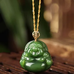 Buddha Stones 925 Sterling Silver Laughing Buddha Hetian Cyan Jade 18K Gold Success Necklace Chain Pendant