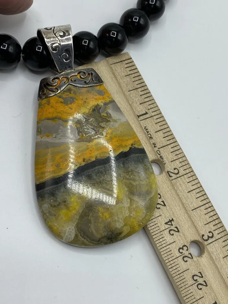 Bumble Bee Jasper Gemstone Pendant, Earrings, Black Bead Necklace .925 Clasp /ro