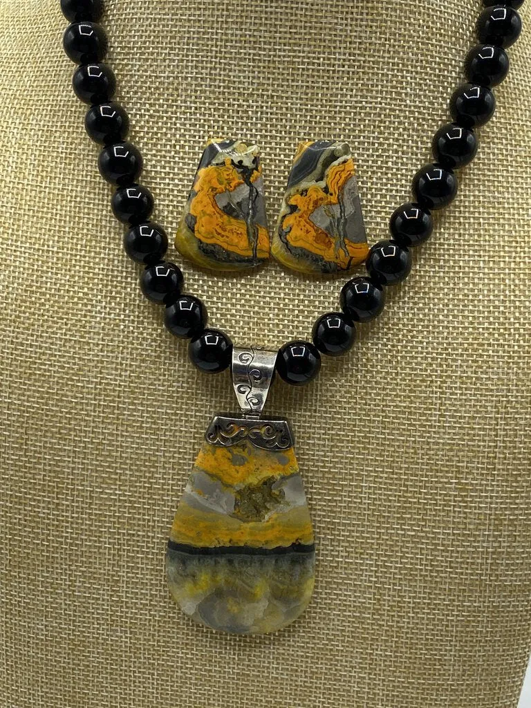 Bumble Bee Jasper Gemstone Pendant, Earrings, Black Bead Necklace .925 Clasp /ro