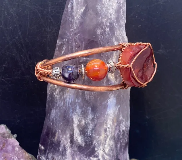 Carnelian Rough Cut w/Amethyst Copper Bracelet Wire wrapped Handmade