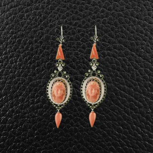 Carved Red Coral Antique Earrings