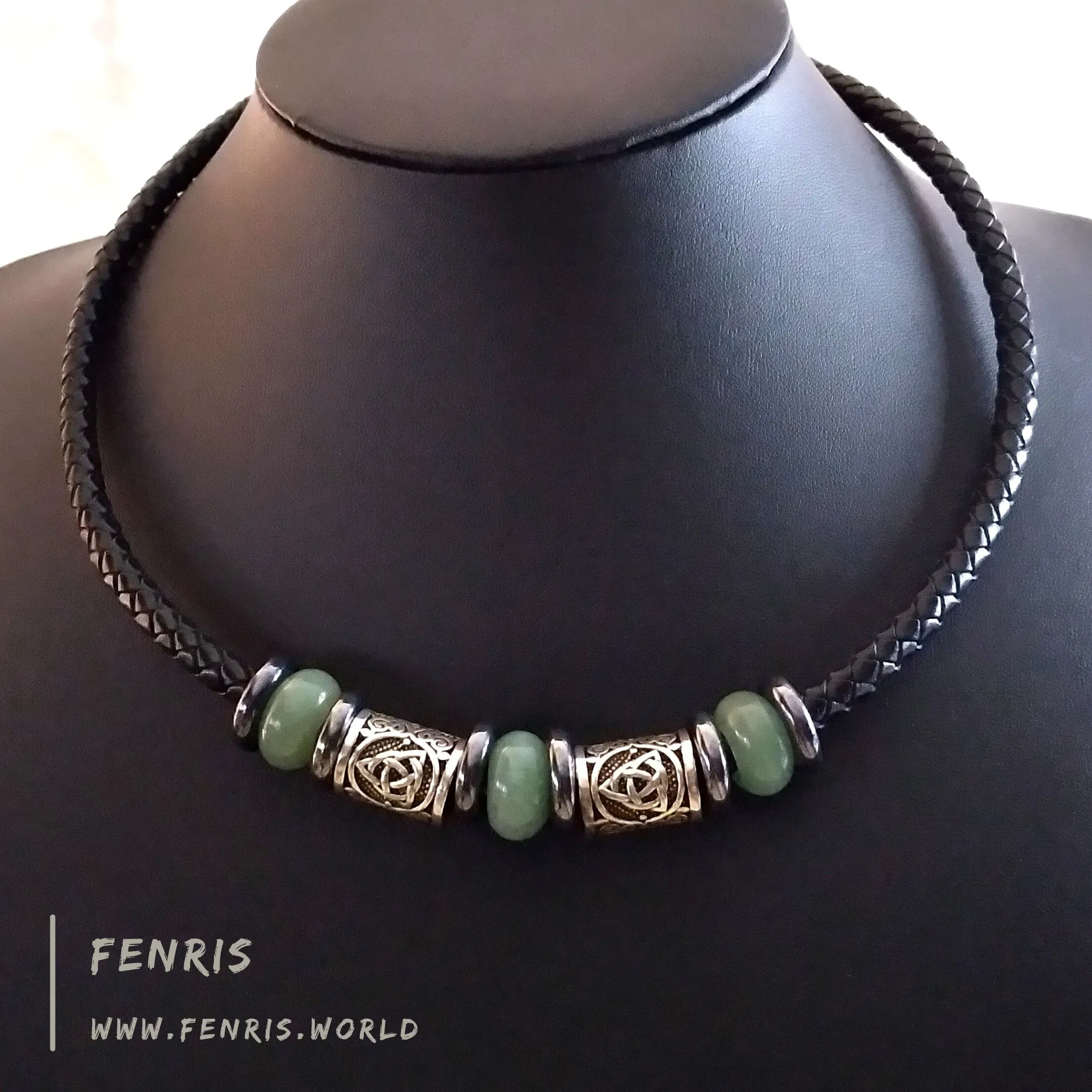 Celtic Choker Necklace Silver Jade Green Aventurine Black Leather