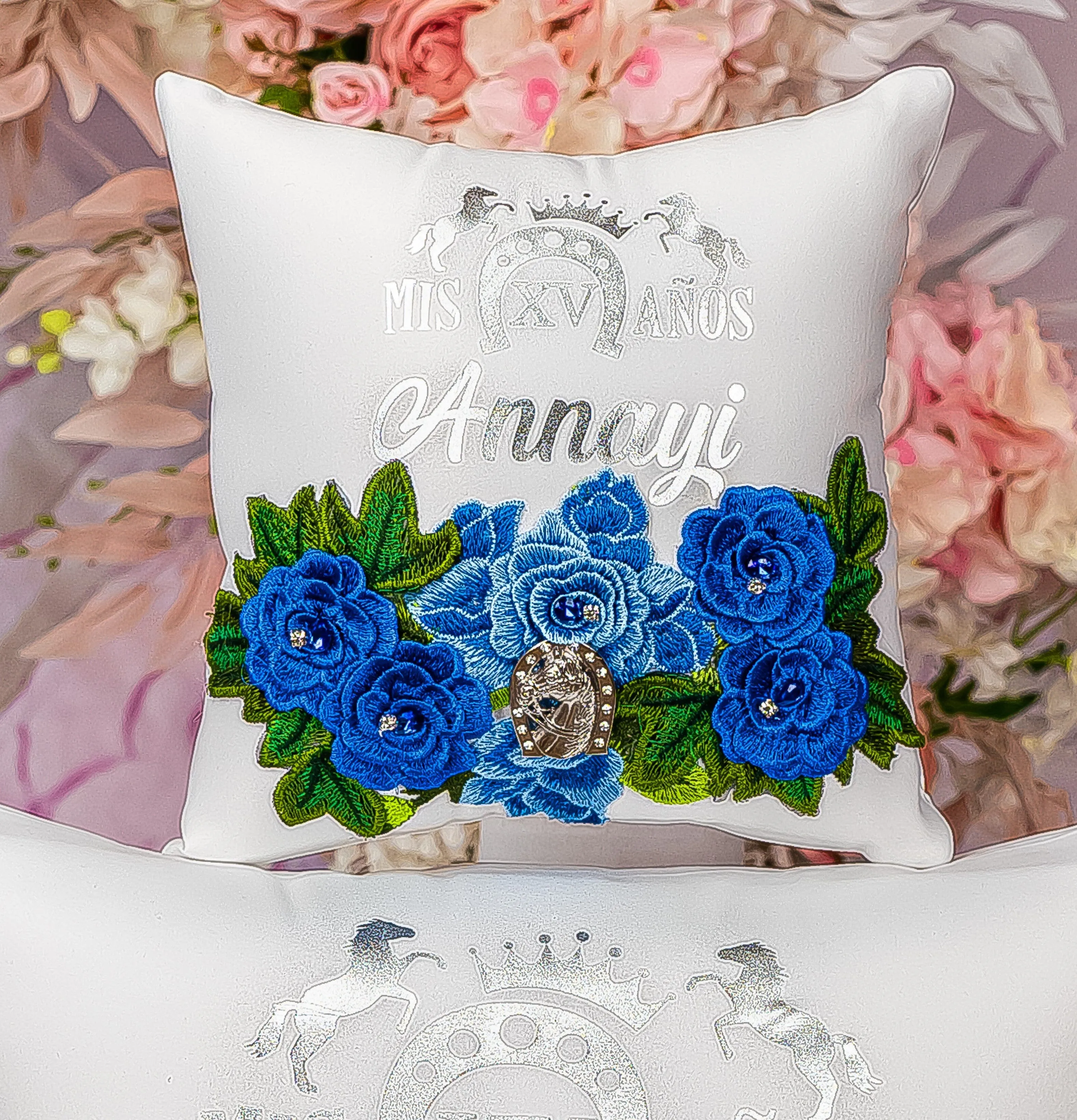 Charro royal blue and white Quinceanera tiara pillow